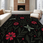 Crimson Daisy Dragonfly Botanical Black Rug