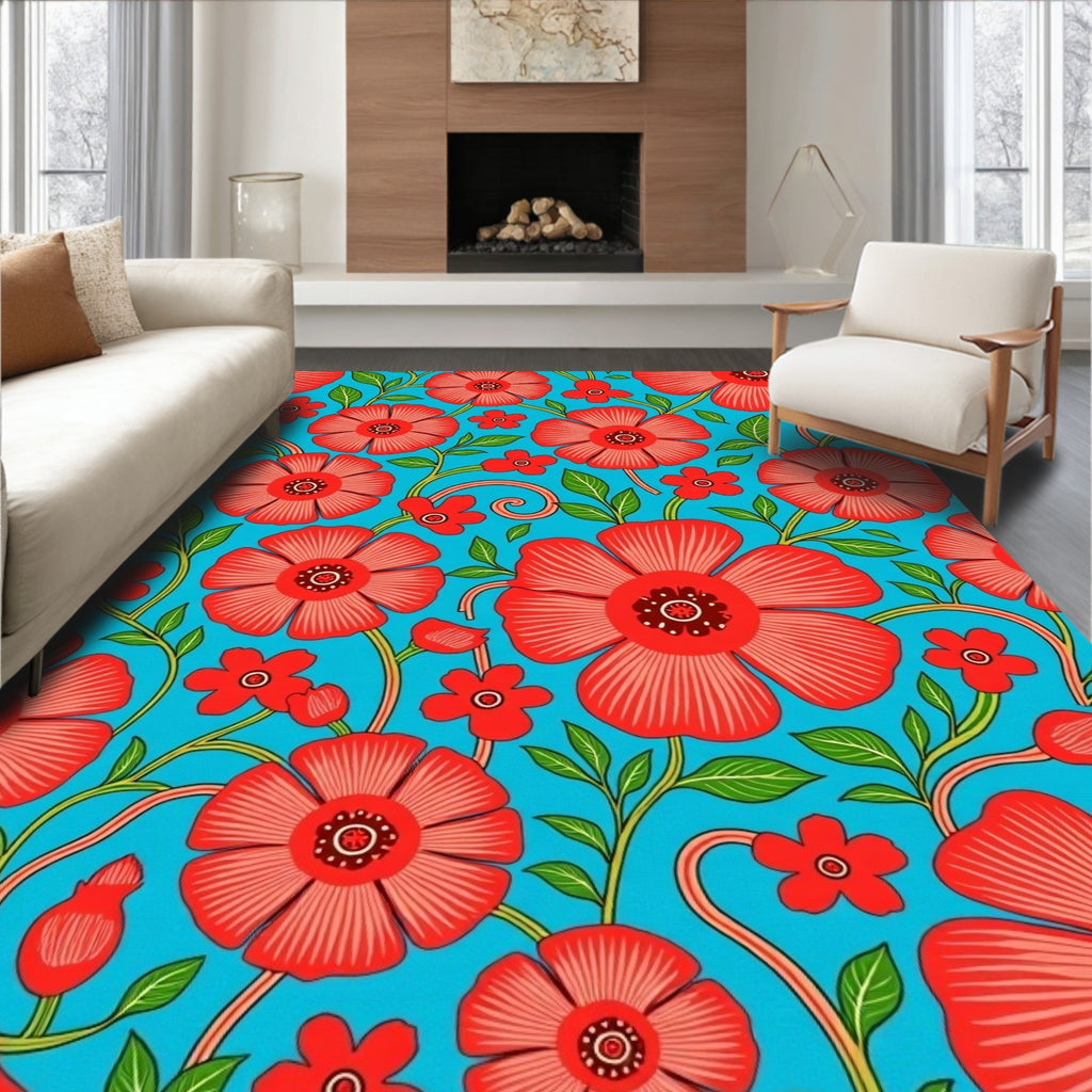Bold Red Floral Vines on Aqua Rug