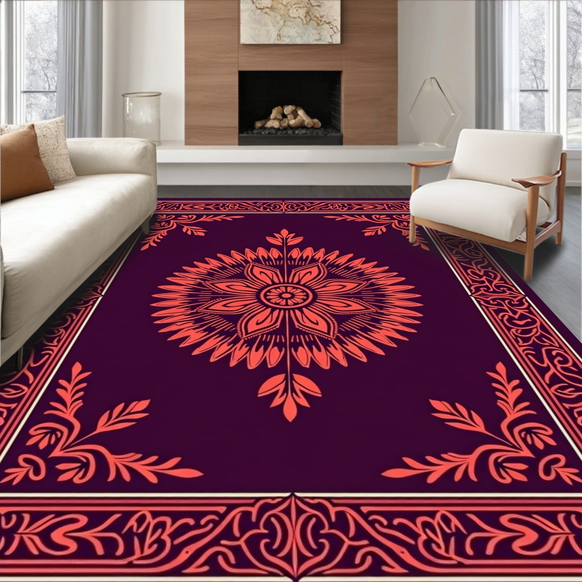 Rich Floral Medallion Border Pattern Rug