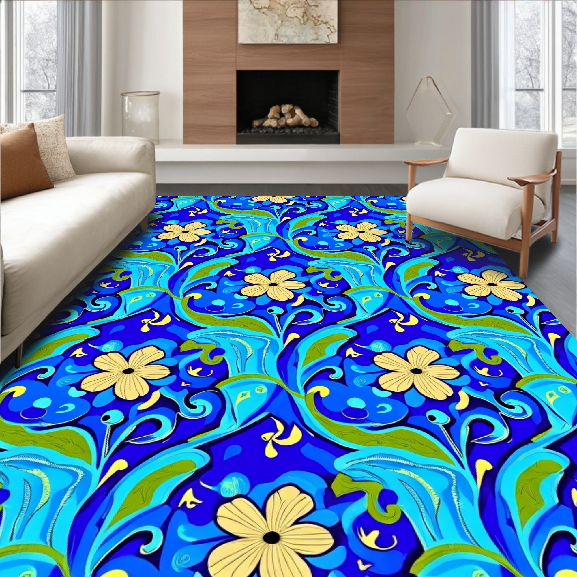 Vibrant Blue Yellow Floral Swirls Rug