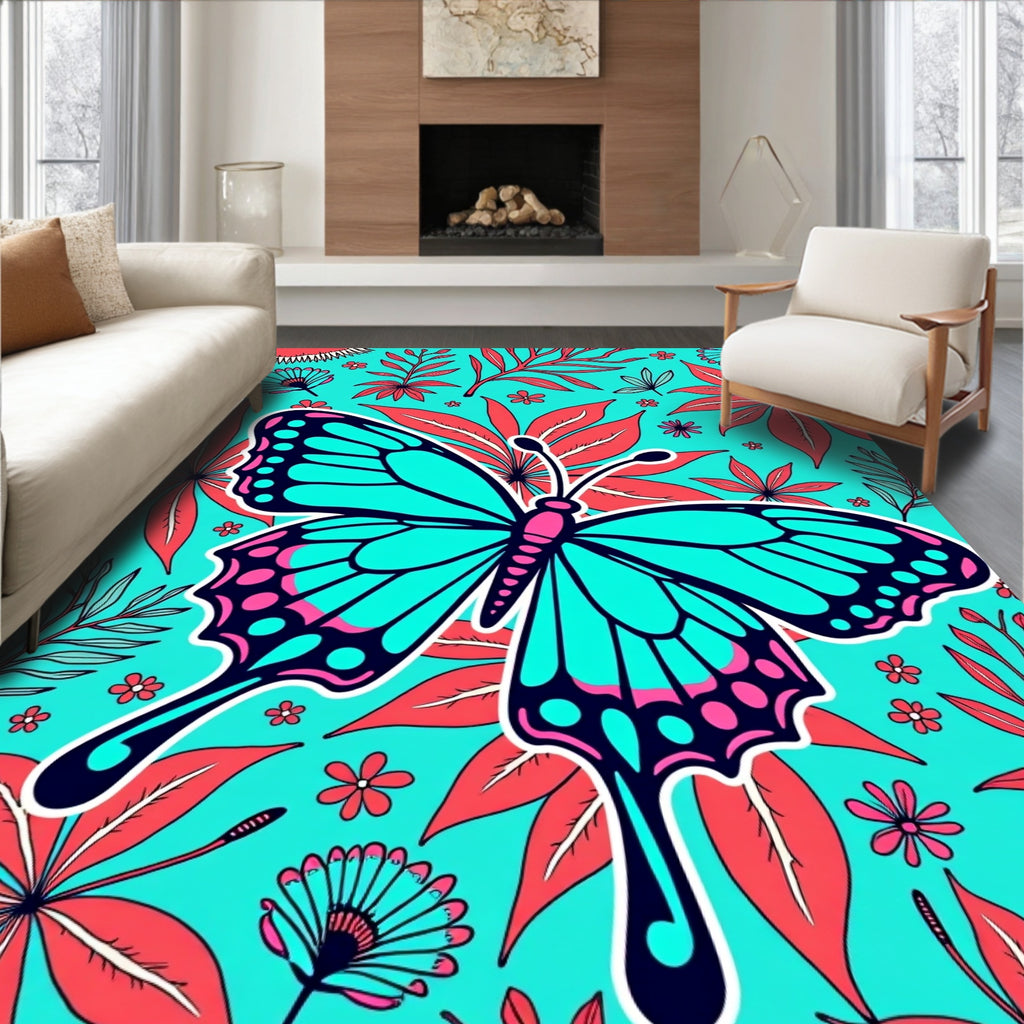 Tropical Butterfly Leaf Pattern Rug