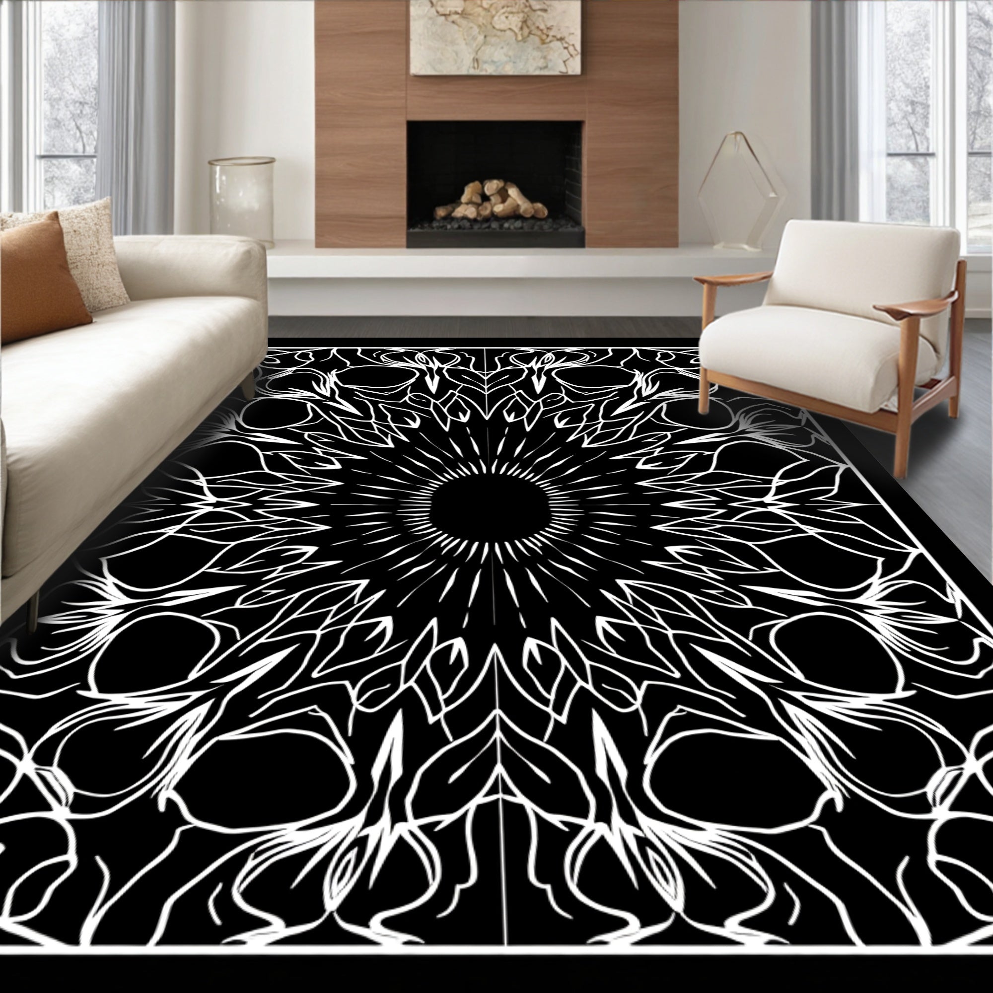 Intricate Sunburst Mandala Black and White Rug