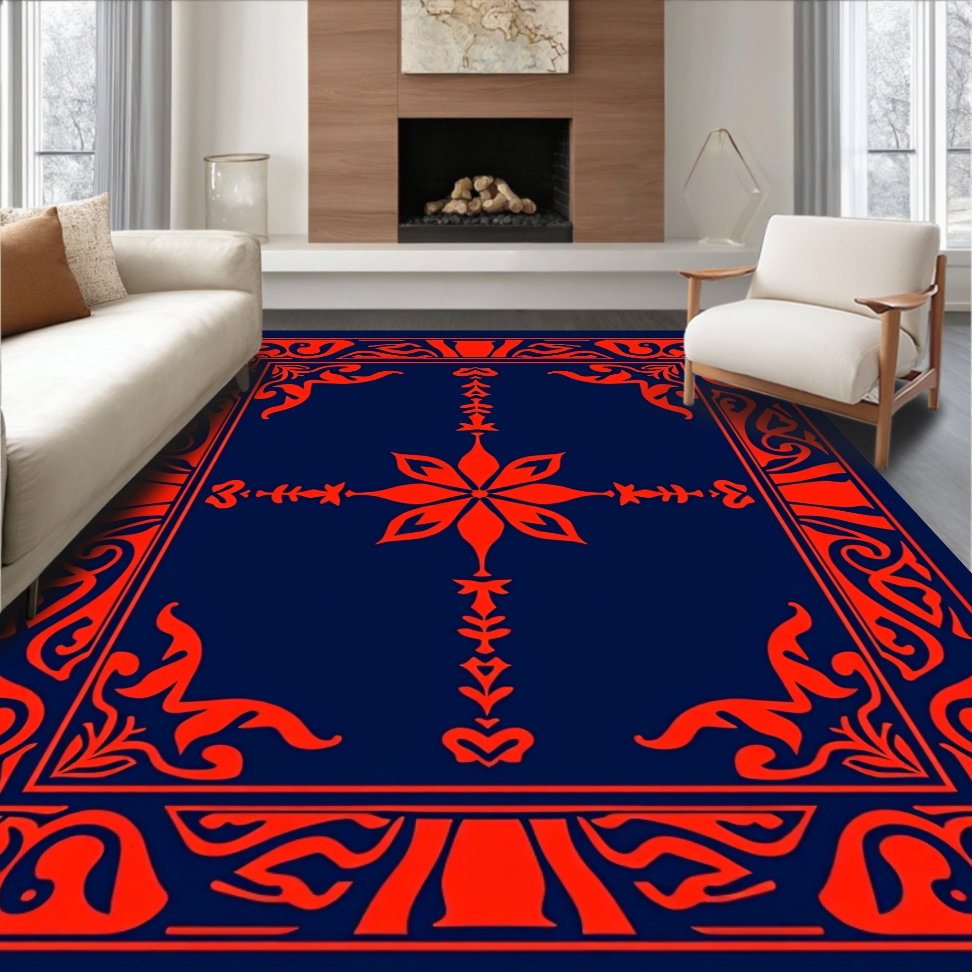 Red Floral Inspired Geometric Border Design Rug