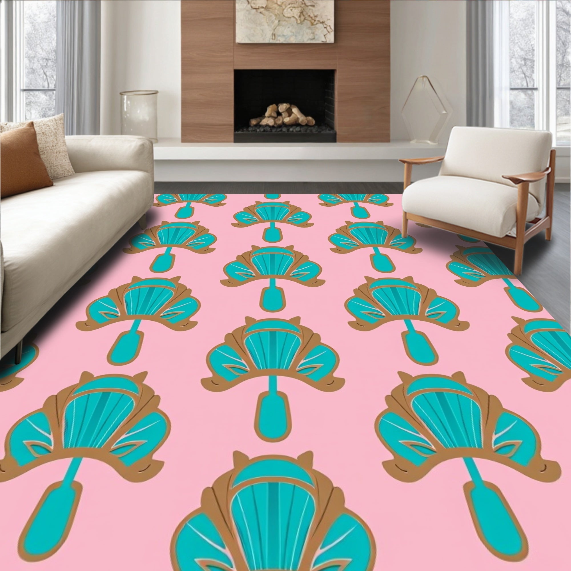 Art Deco Teal Fan Pattern Rug