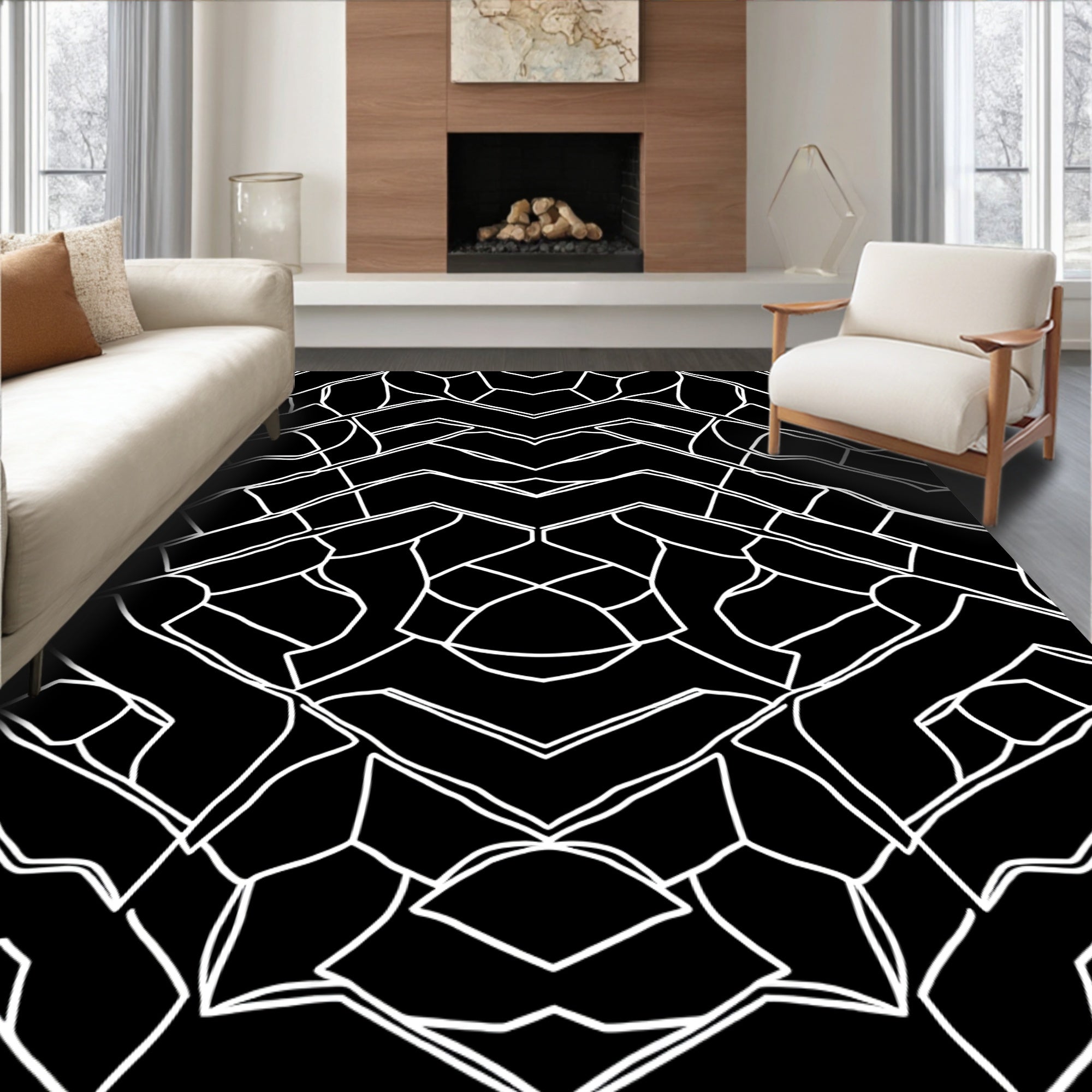 Abstract Black White Geometric Design Rug