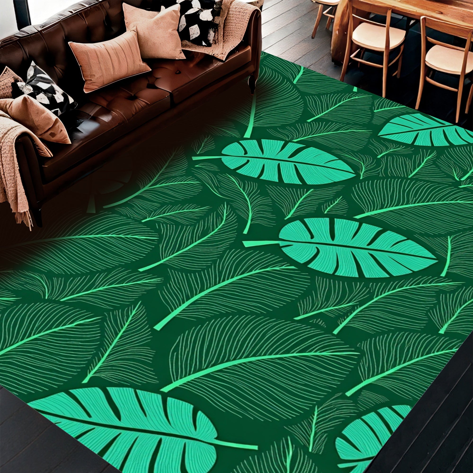 Tropical Leaf Patterned Green Rug