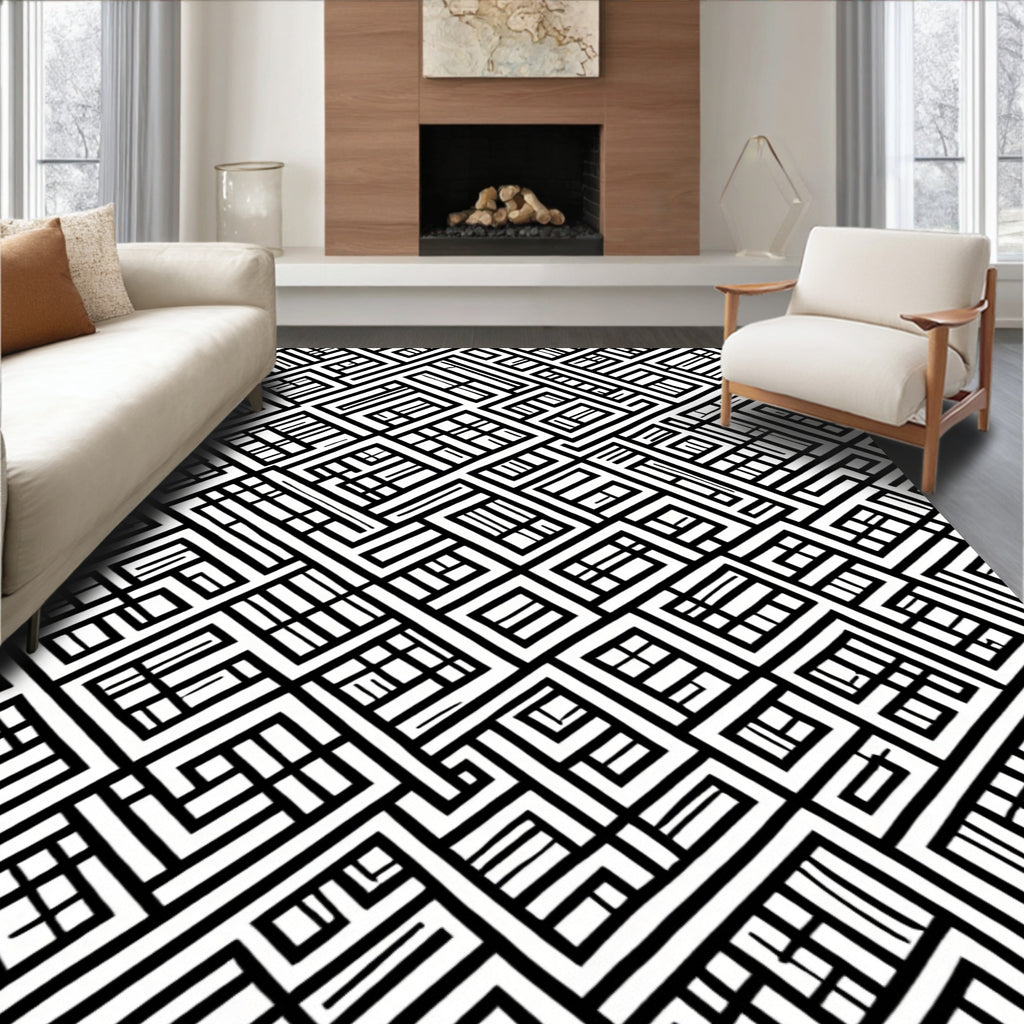 Black White Maze Pattern Rug