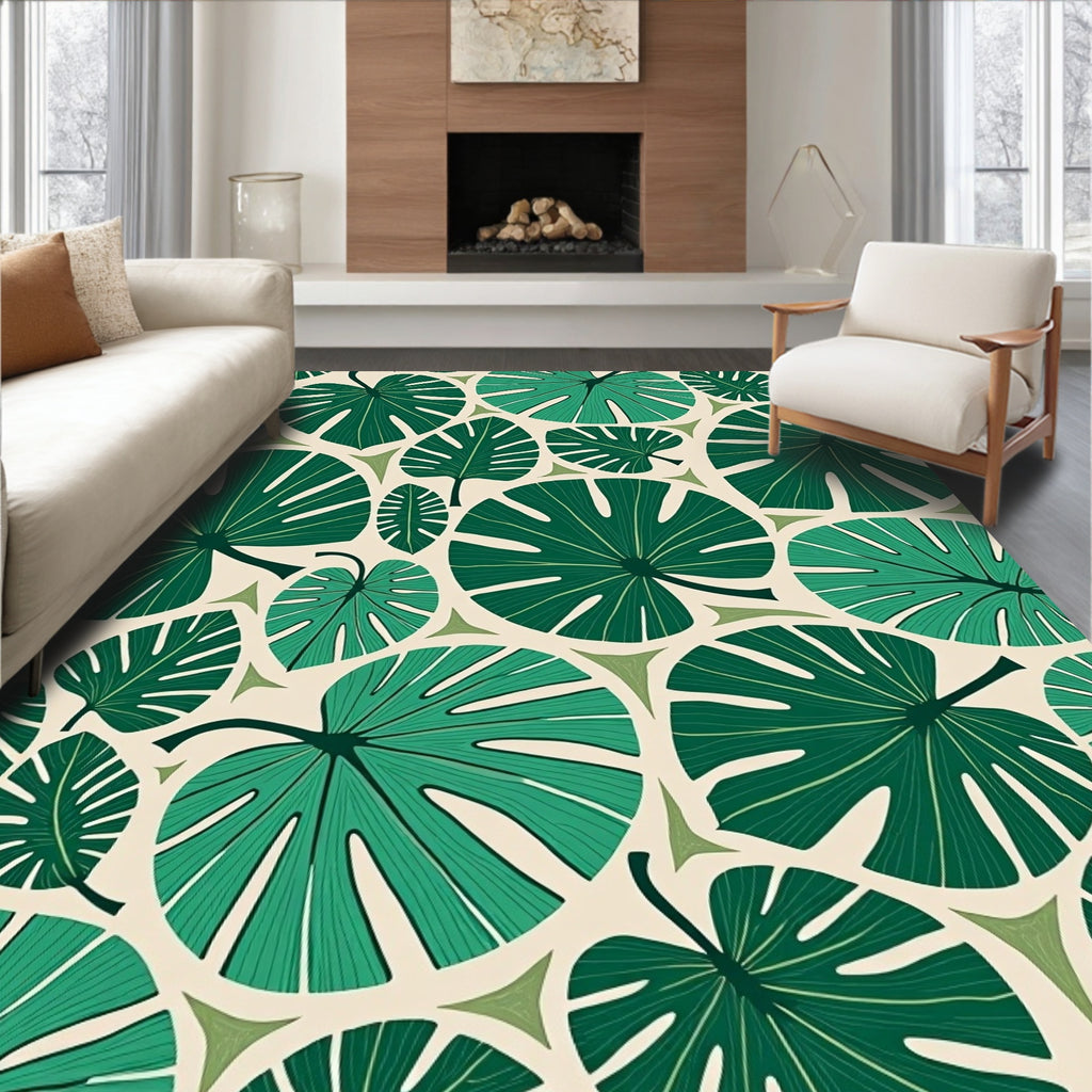 Tropical Green Leaf Pattern Design Rug