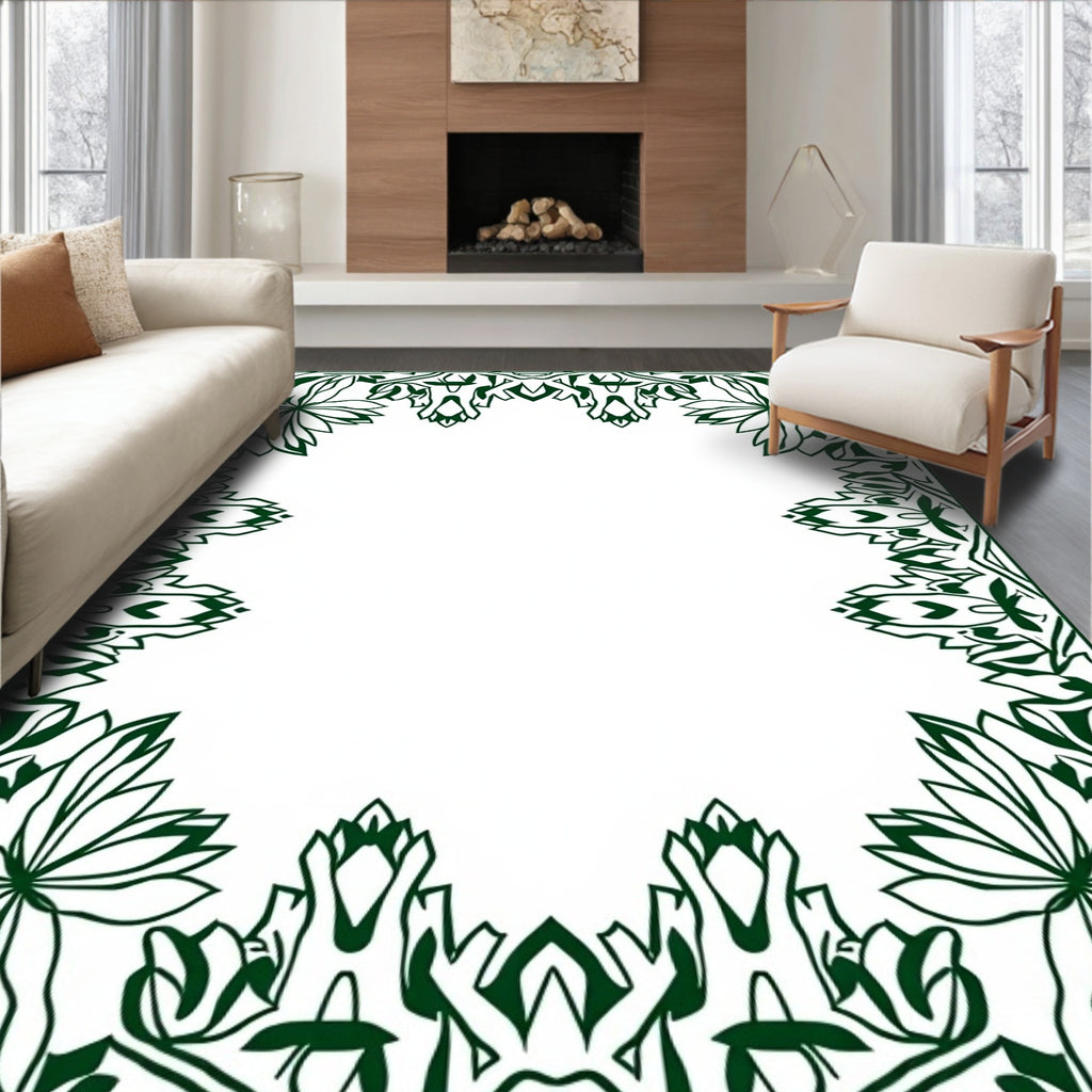 Ornate Emerald Floral Border Design Rug