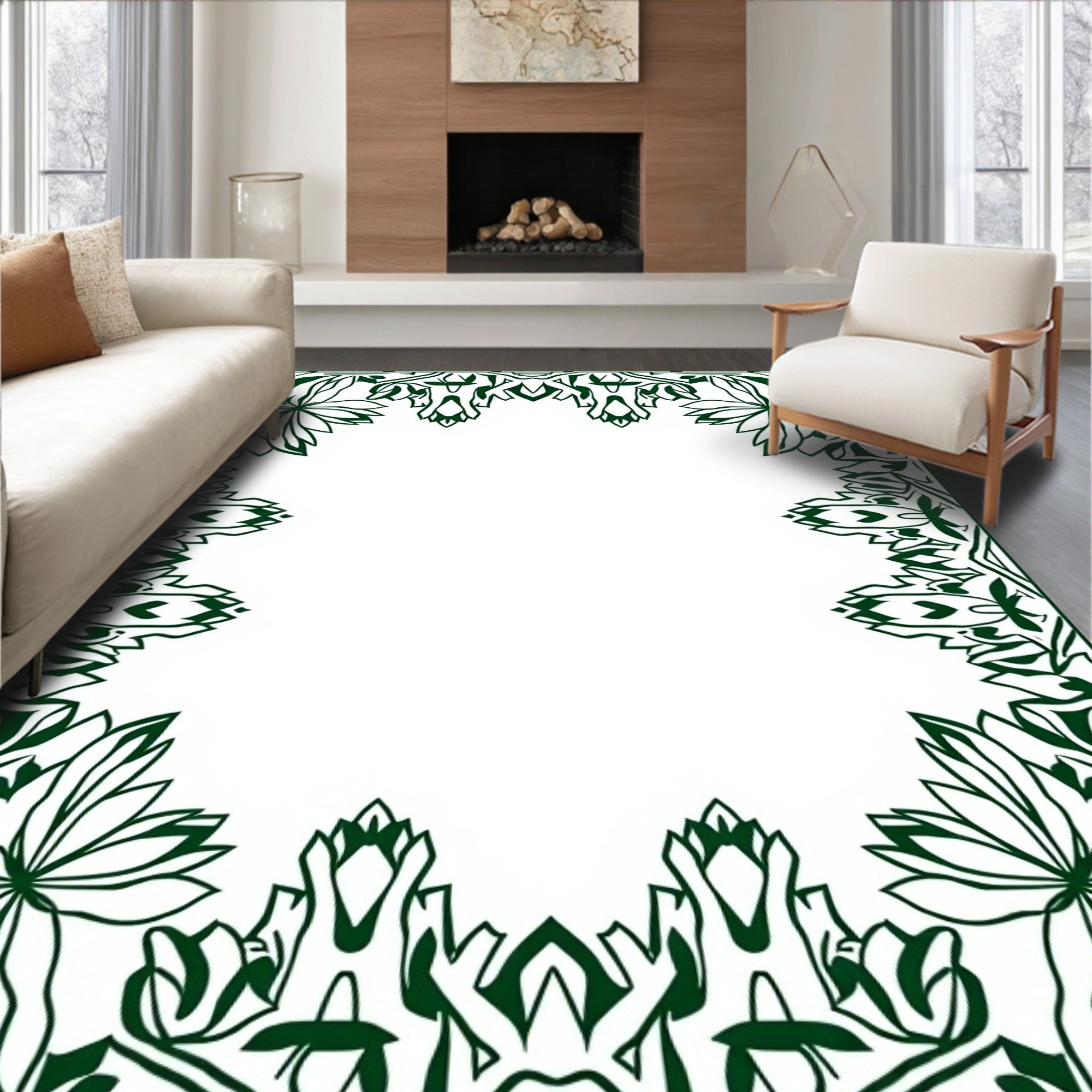 Ornate Emerald Floral Border Design Rug