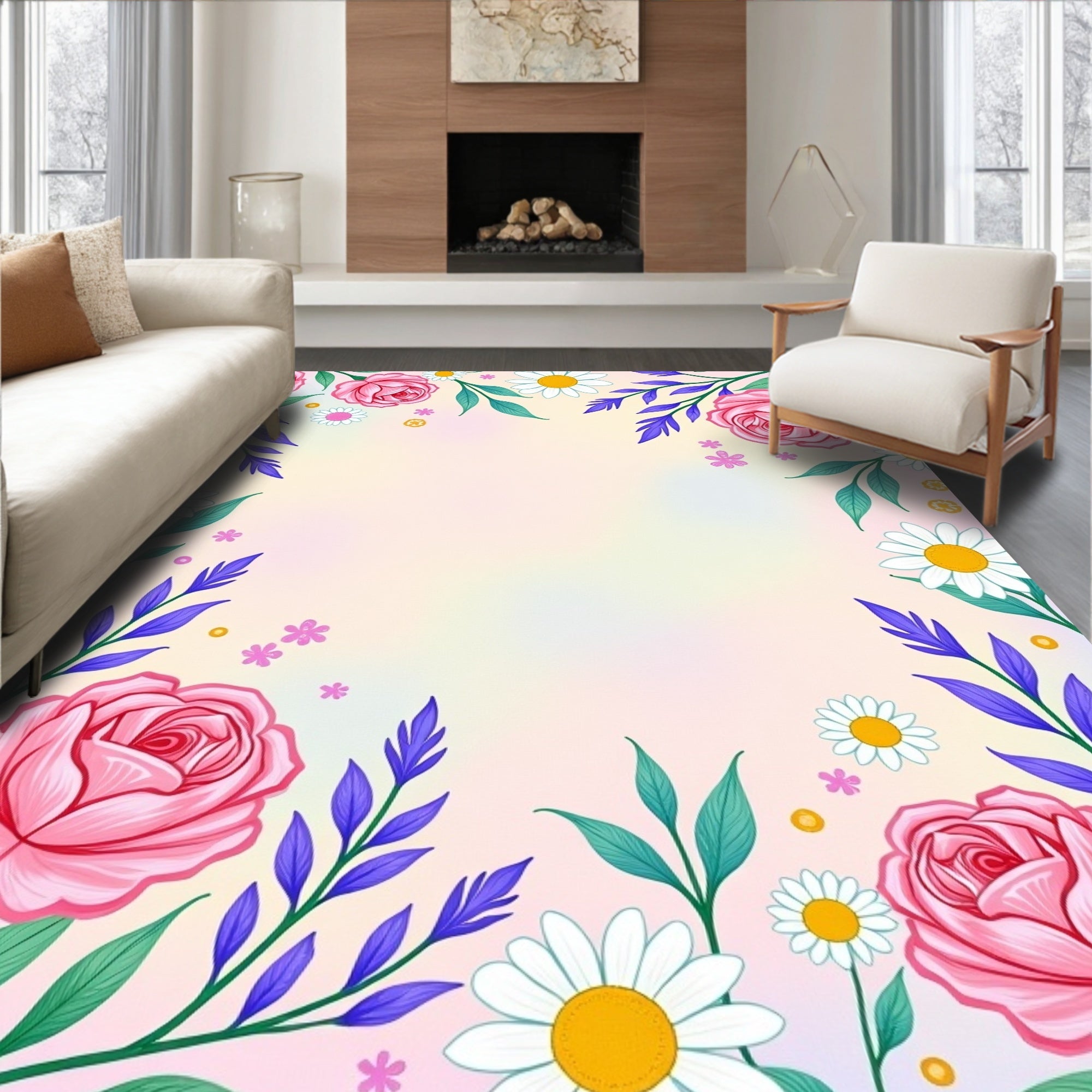 Lovely Pink Rose Daisy Floral Design Rug