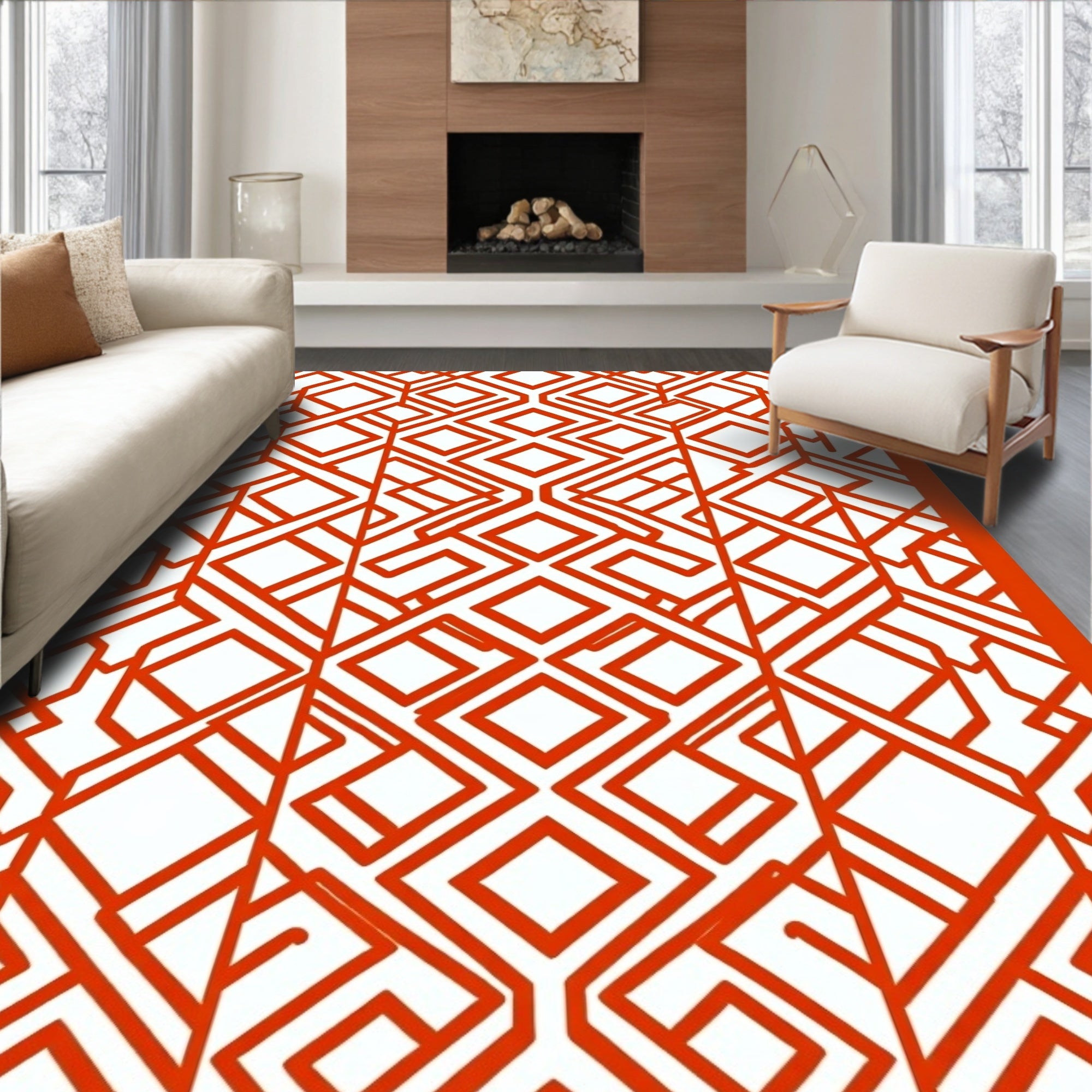 Bold Orange Interlocking Diamond Pattern Rug