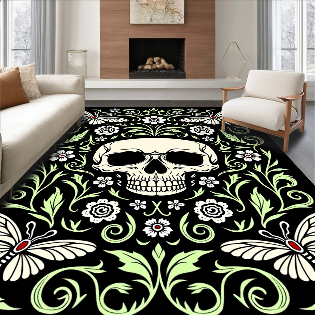 Skull and Butterflies Black Floral Rug