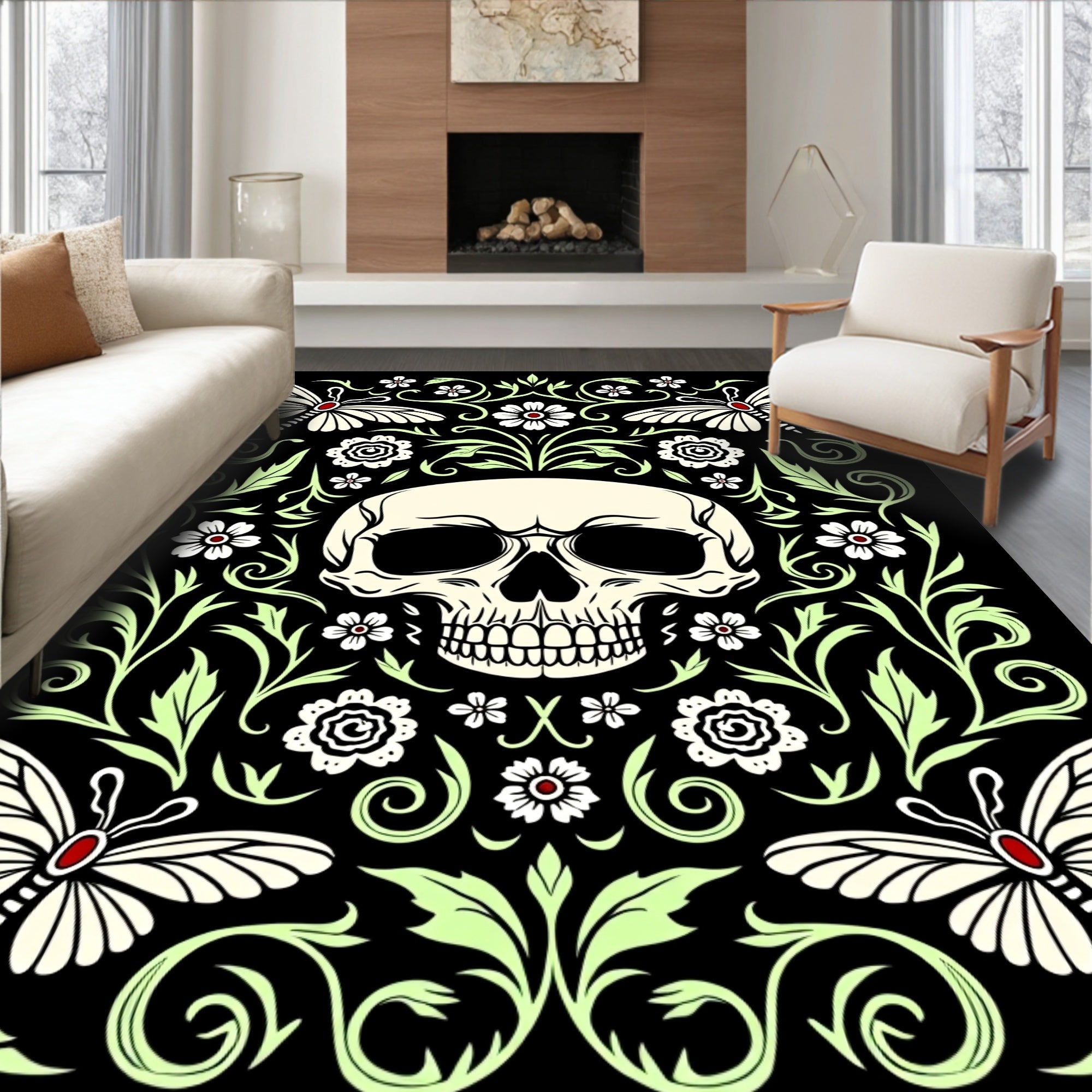 Skull and Butterflies Black Floral Rug