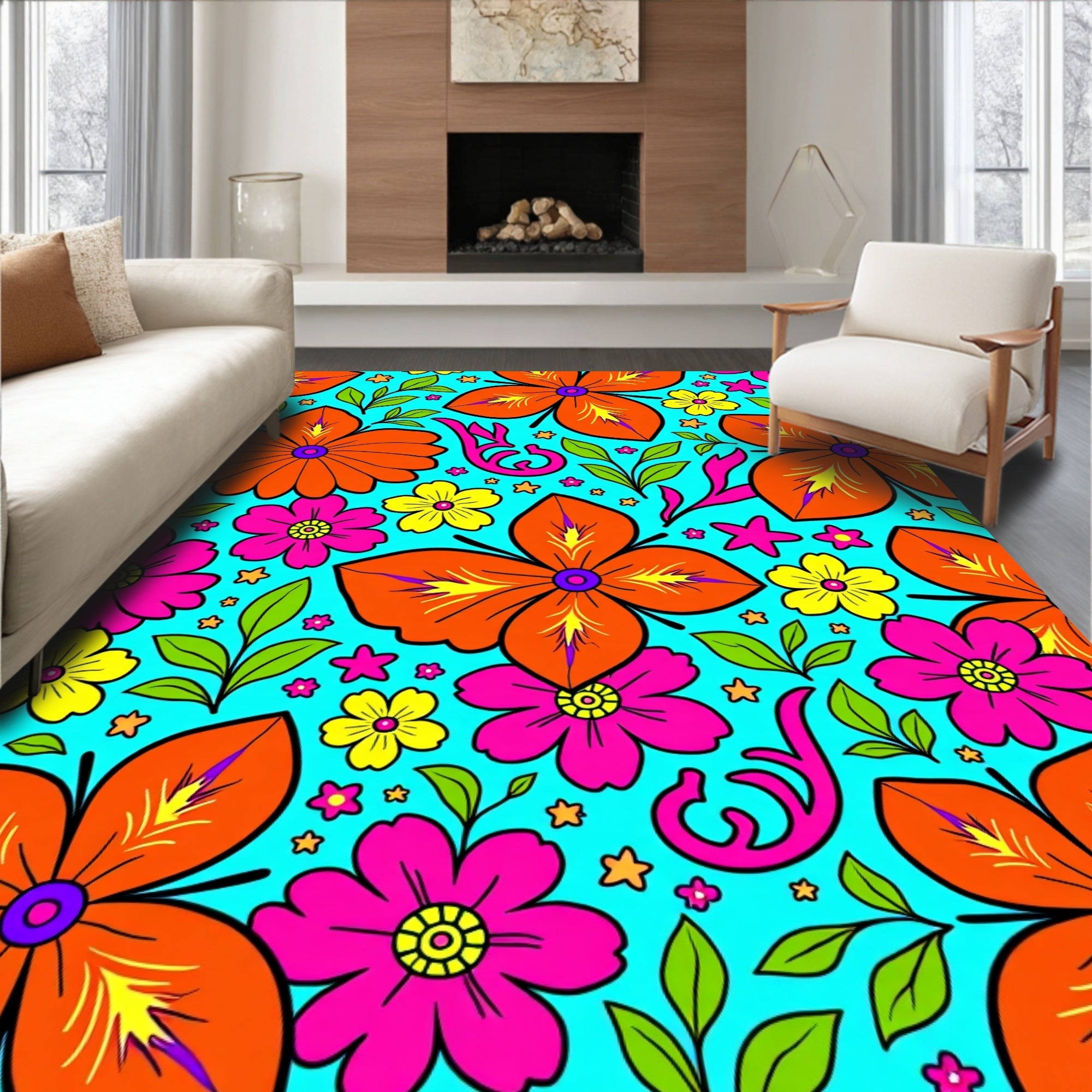 Bold Floral Patterned Bright Rug
