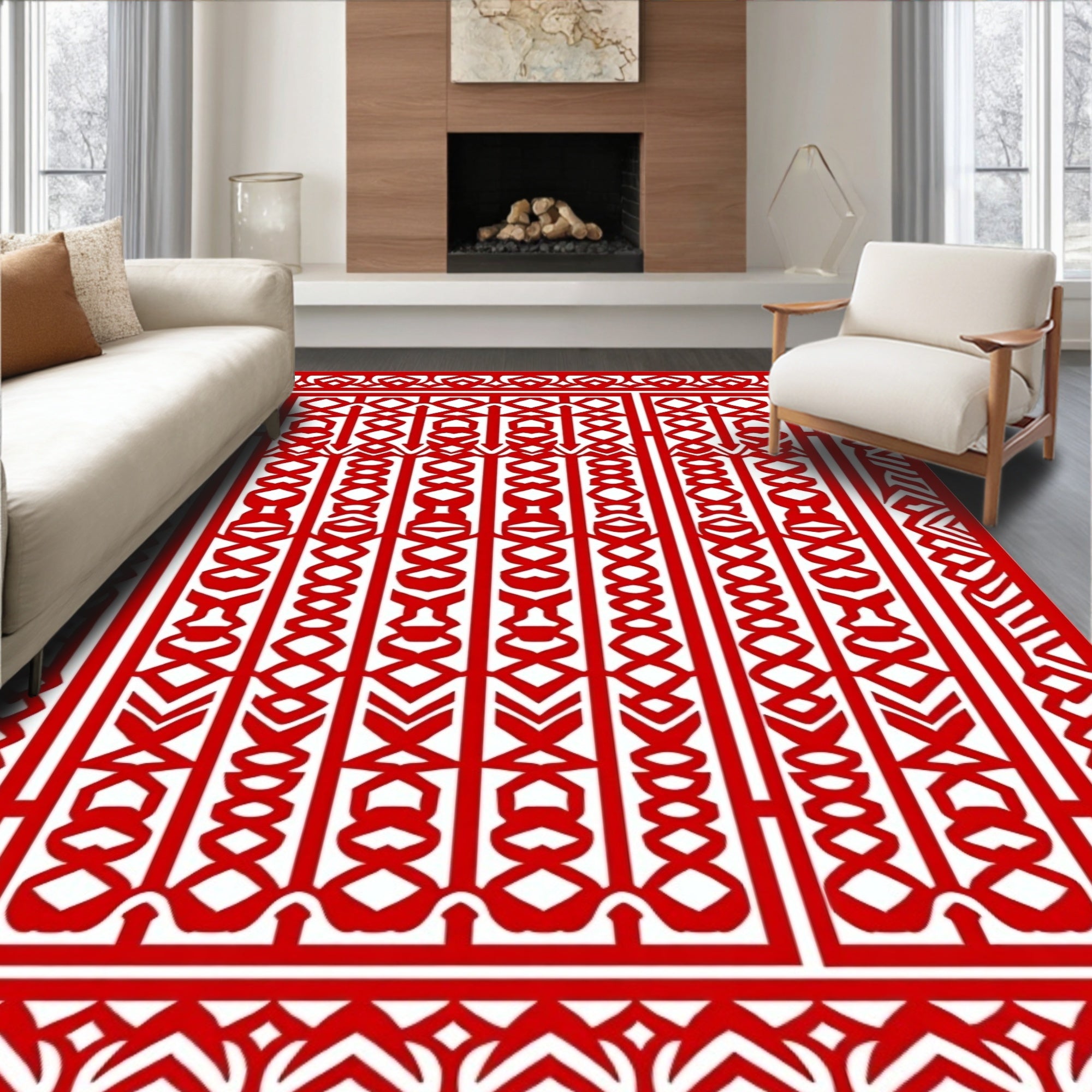 Bold Red Geometric Motif Rug