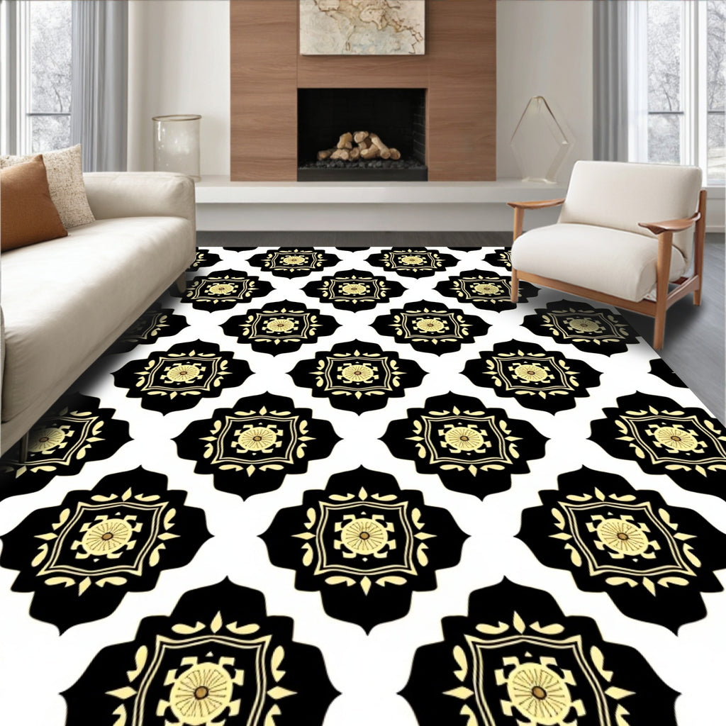Black Gold Floral Quatrefoil Pattern Rug