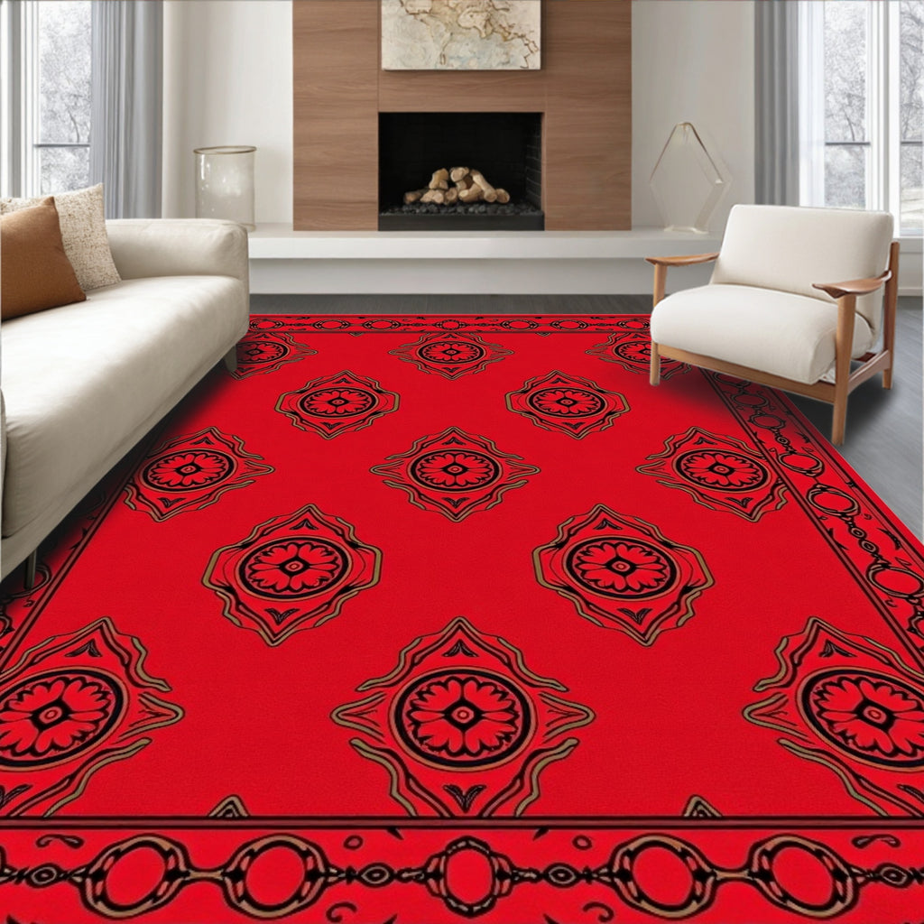 Red Floral Medallion Geometric Border Rug