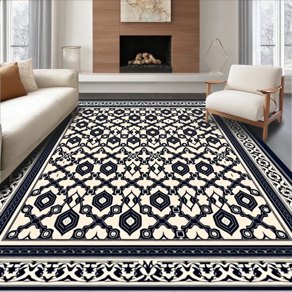Elegant Cream Dark Blue Geometric Pattern Rug
