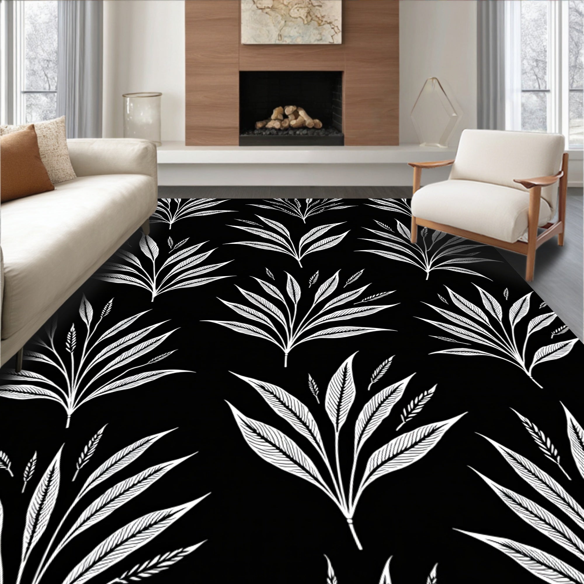 Elegant White Leaf Pattern Rug