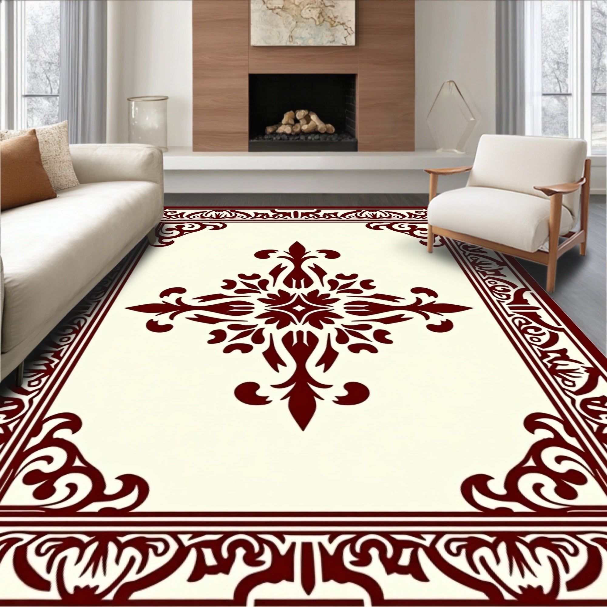 Ornate Central Floral Border Design Rug