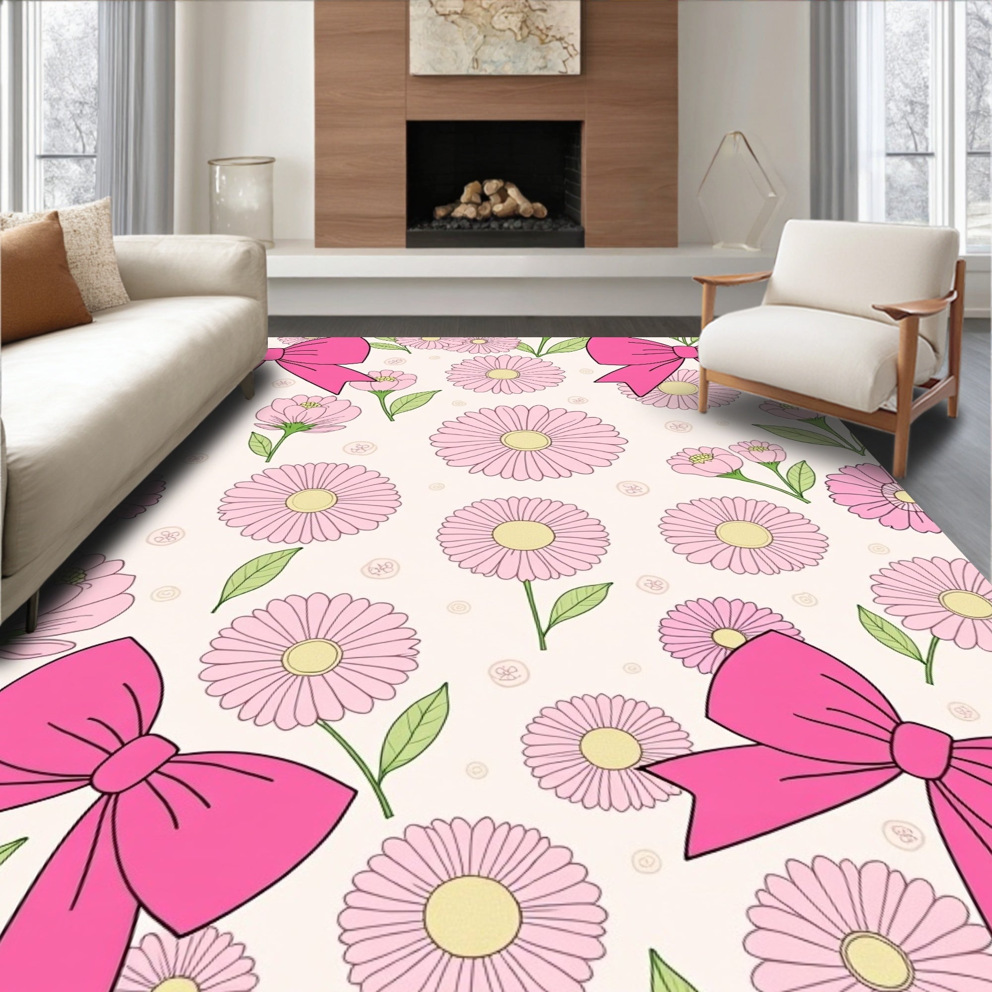 Pink Daisy Bow Pattern Design Rug