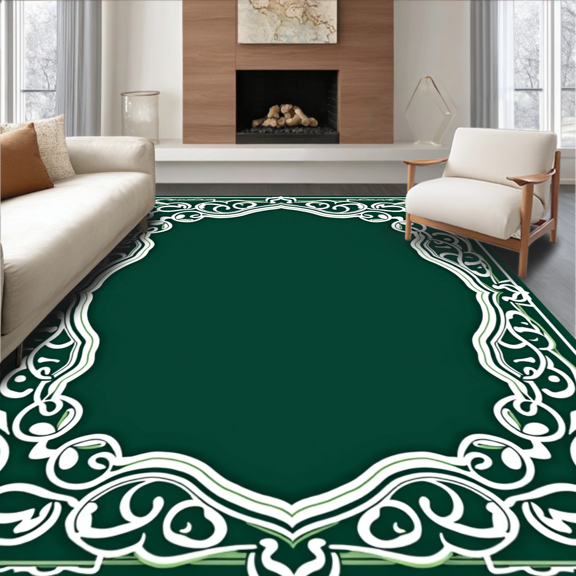 Ornate Emerald Scrollwork Frame Rug