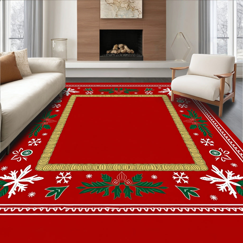 Festive Red Snowflake Holly Border Rug