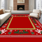 Festive Red Snowflake Holly Border Rug