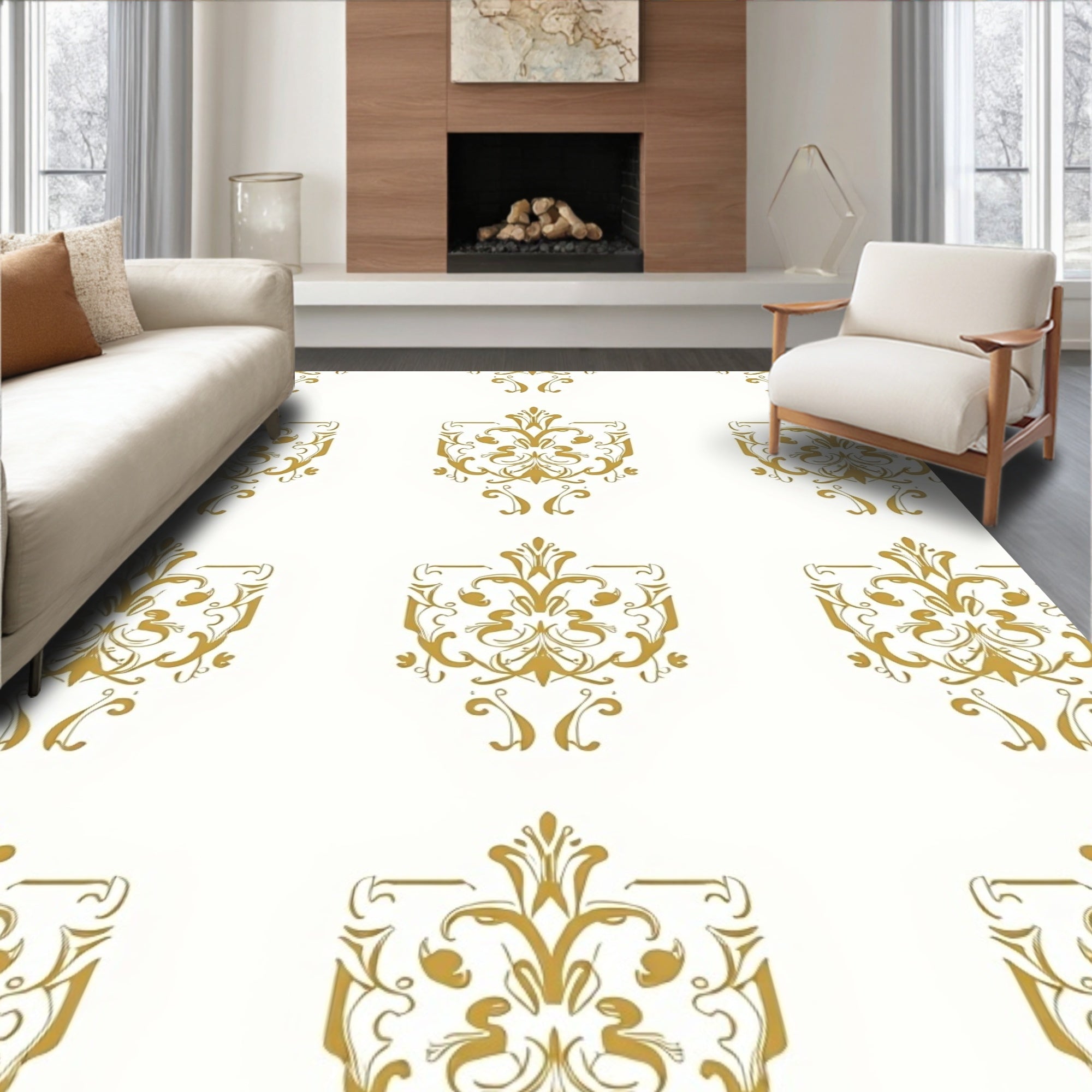 Elegant Gold Crested Floral Design Rug