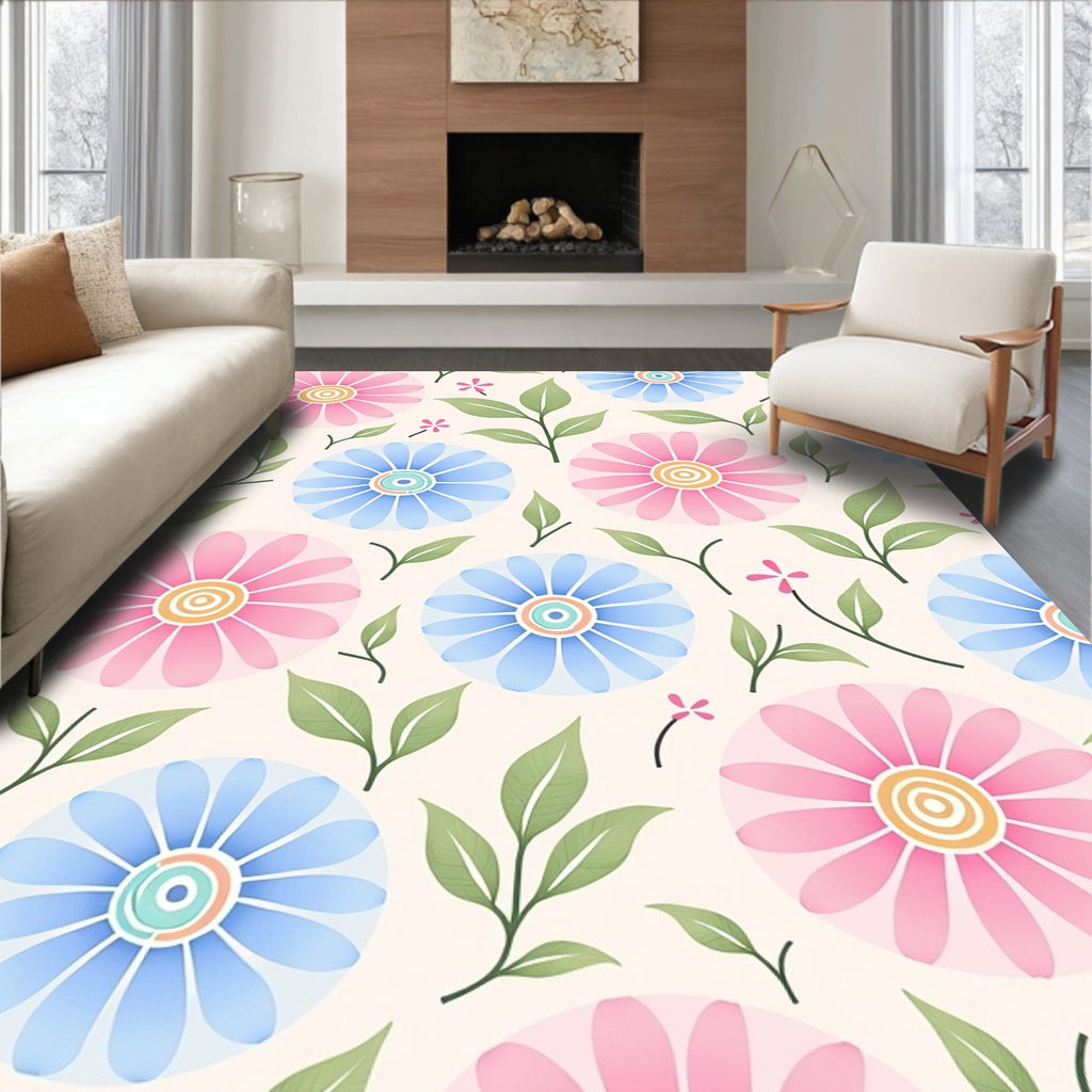 Floral Watercolor Style Daisy Pattern Rug