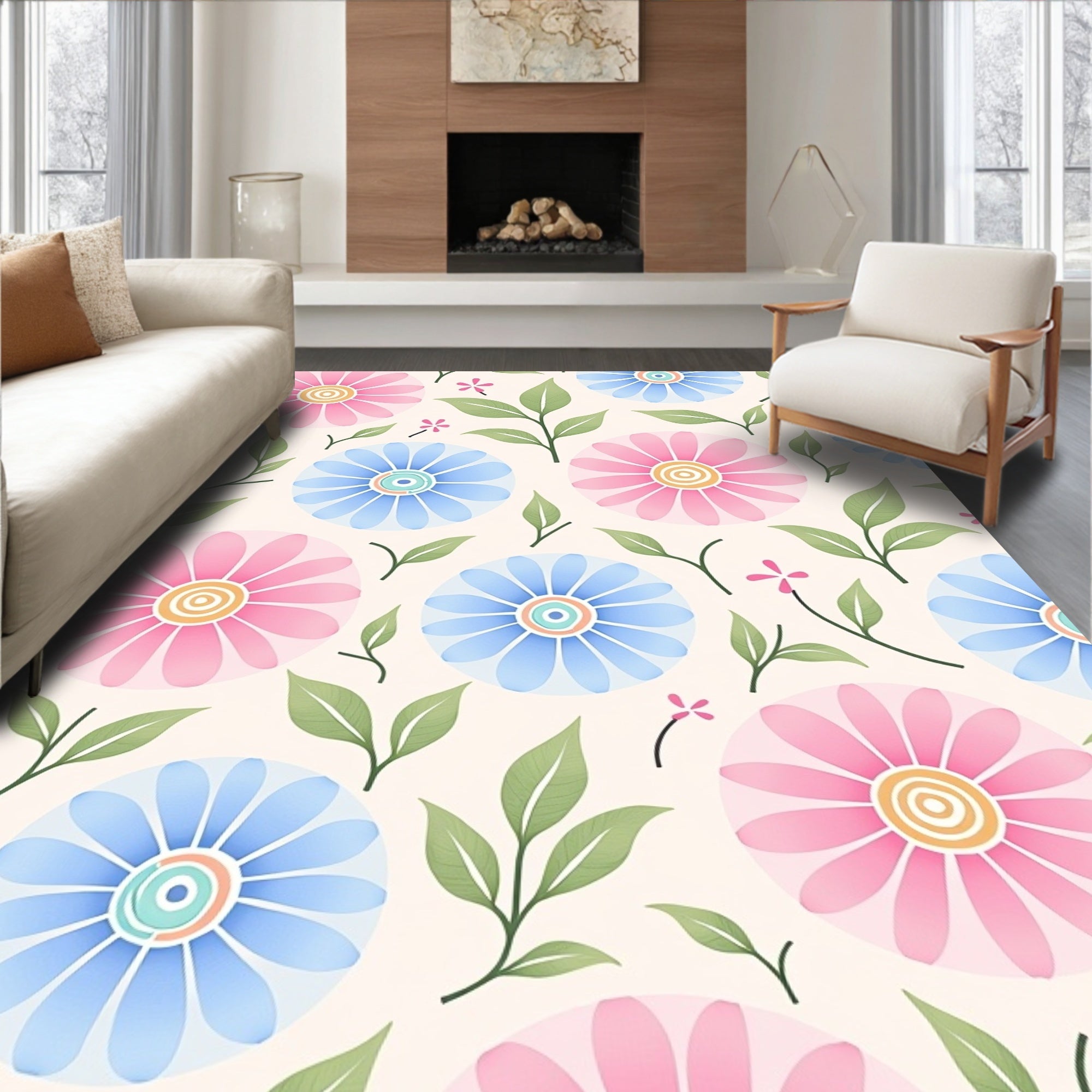 Floral Watercolor Style Daisy Pattern Rug