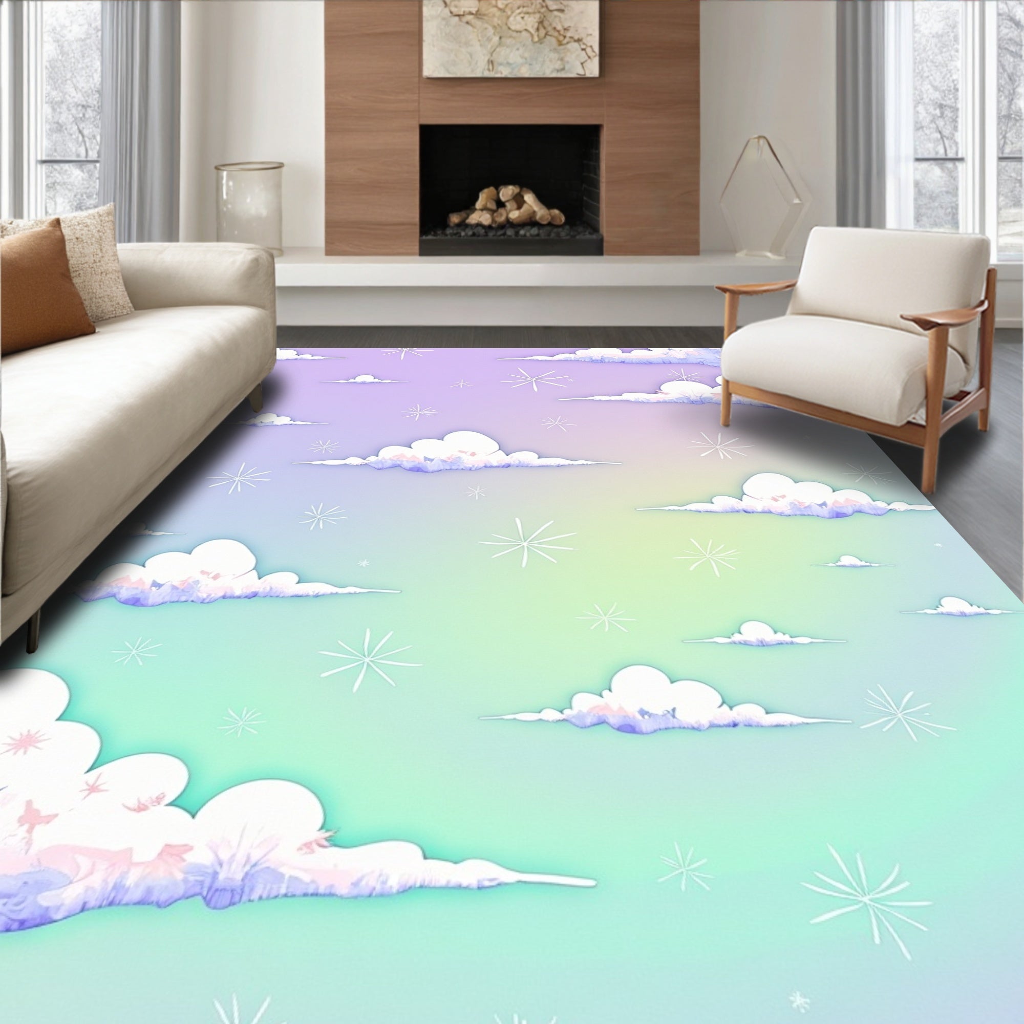 Dreamy Sky Clouds and Stars Rug
