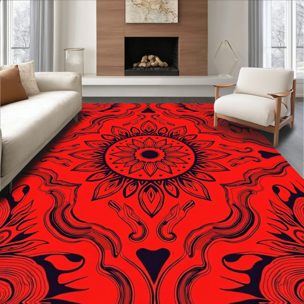 Intricate Red Floral Mandala Pattern Rug