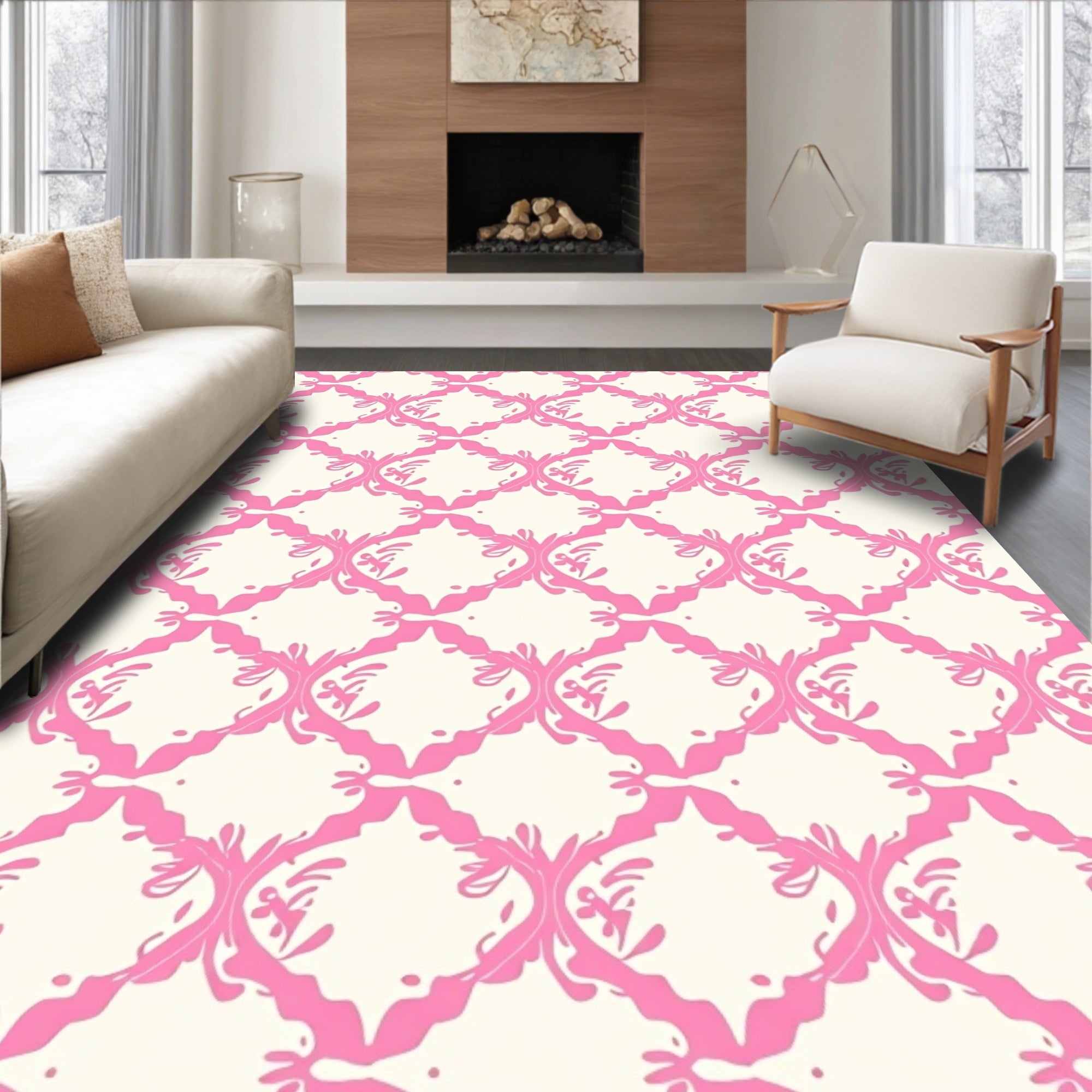 Pink Cream Ornate Lattice Pattern Rug