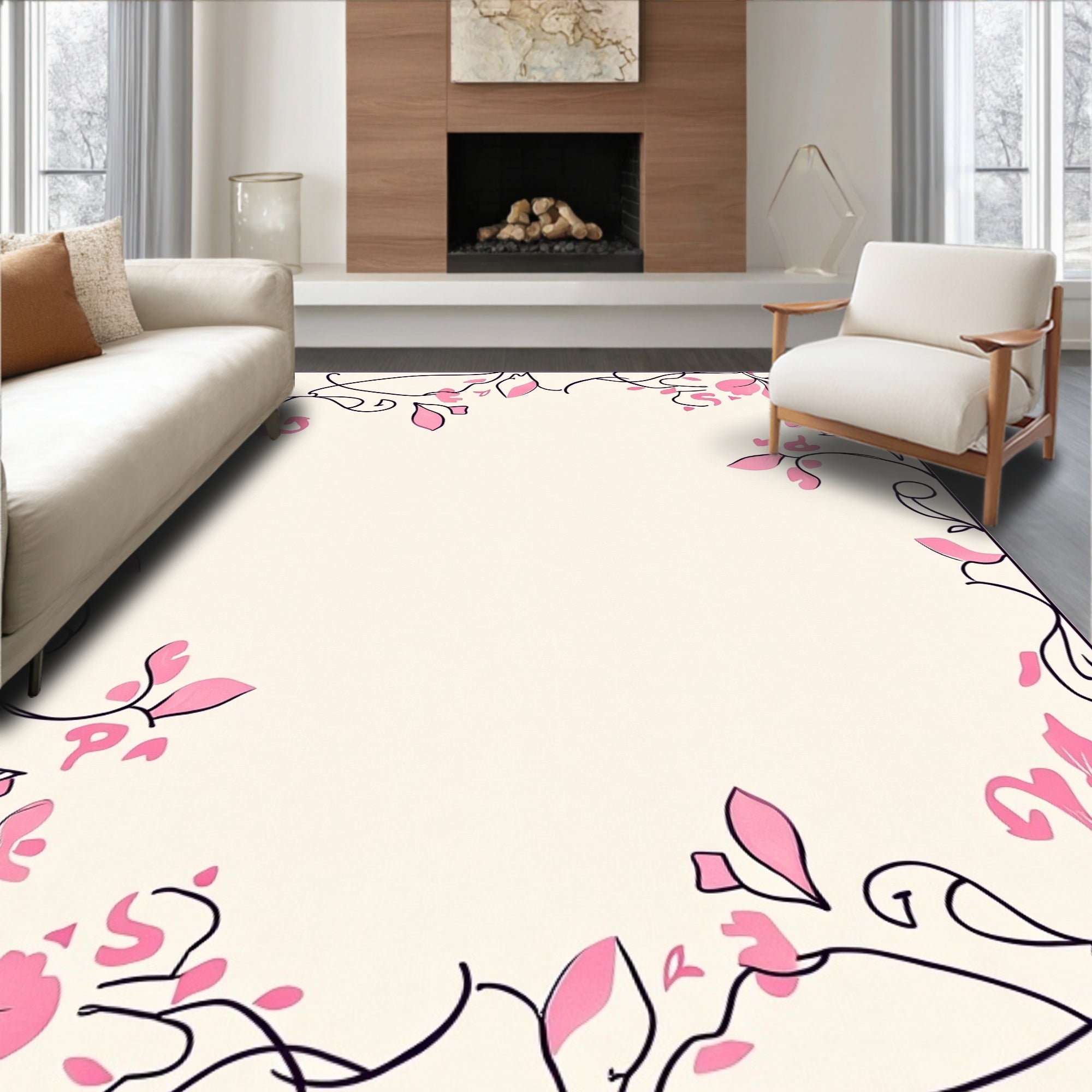 Pink Floral Vine Border Design Rug