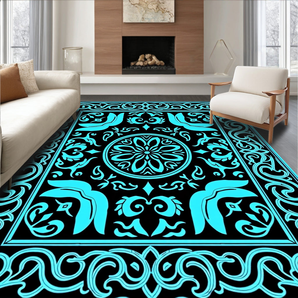 Retro Teal Scrollwork Floral Pattern Rug