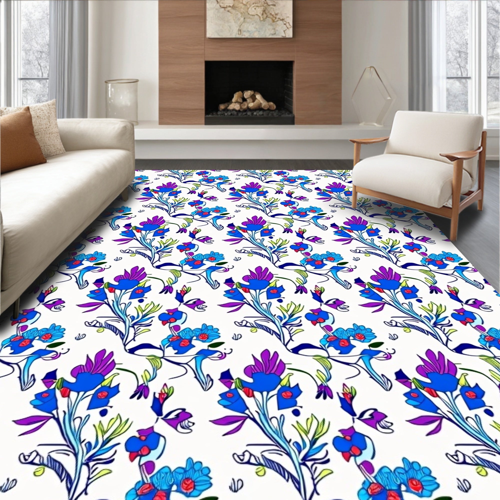 Vibrant Blue Purple Floral Pattern Rug