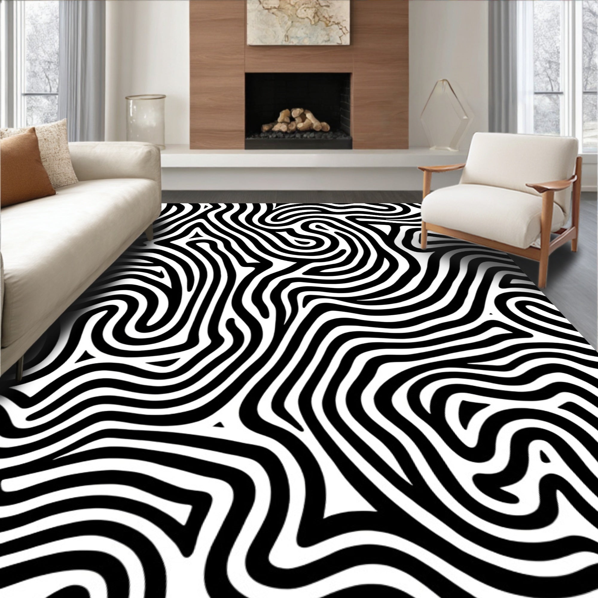 Abstract Black White Swirl Pattern Rug
