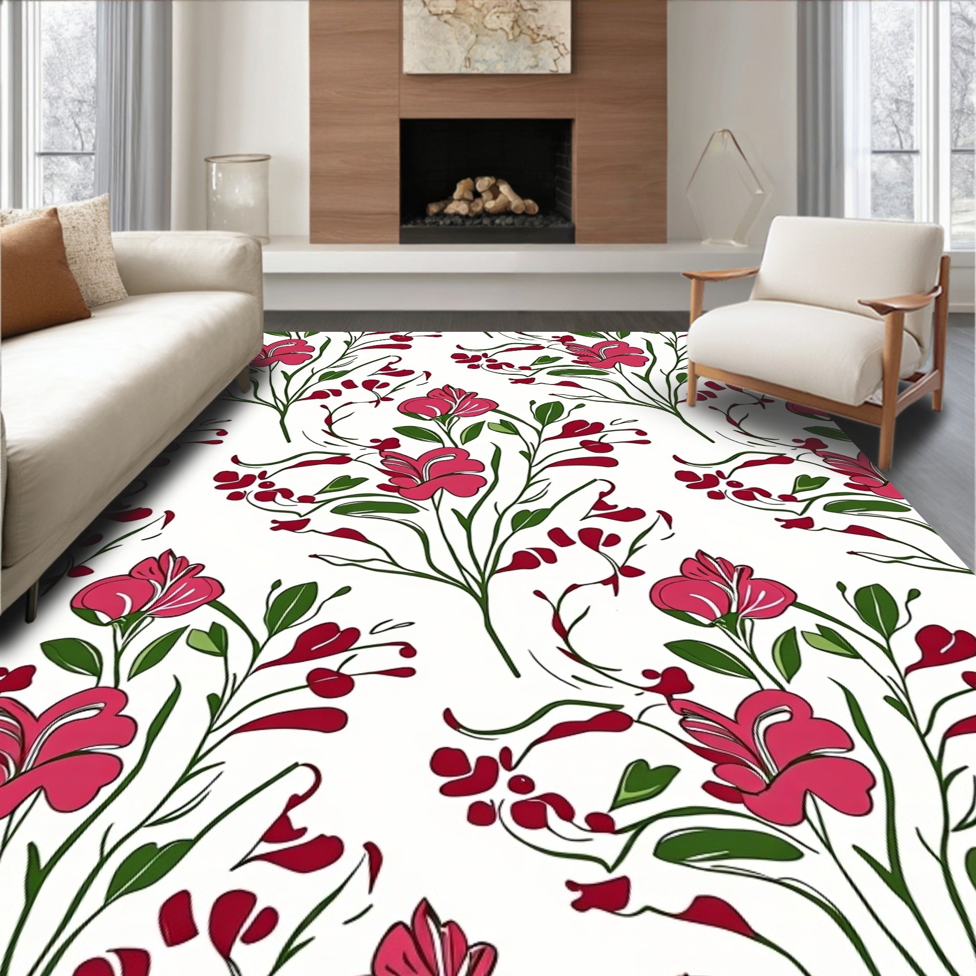 Delicate Flora Pattern With Pink Flowers Rug
