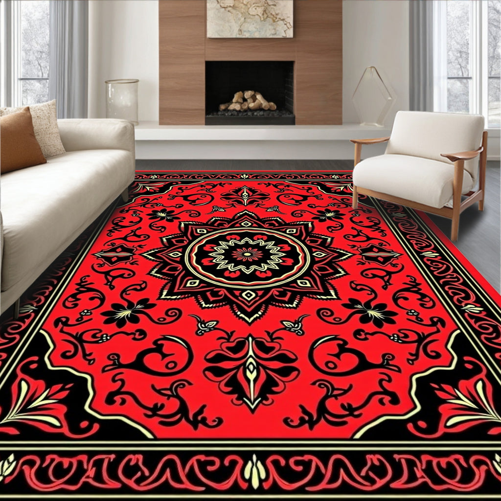 Ornate Red Floral Mandala Area Rug