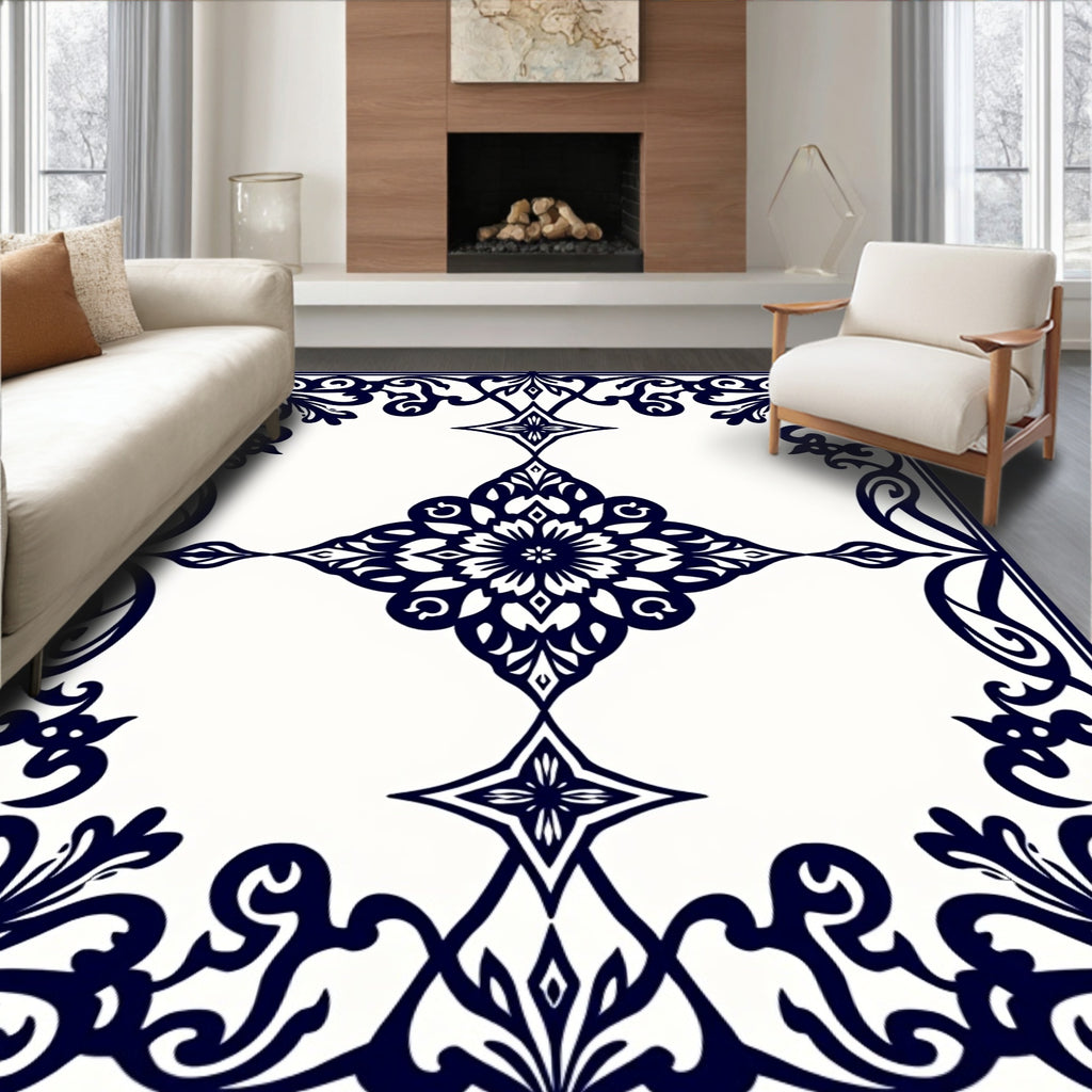 Elegant Dark Blue Floral Symmetry Rug