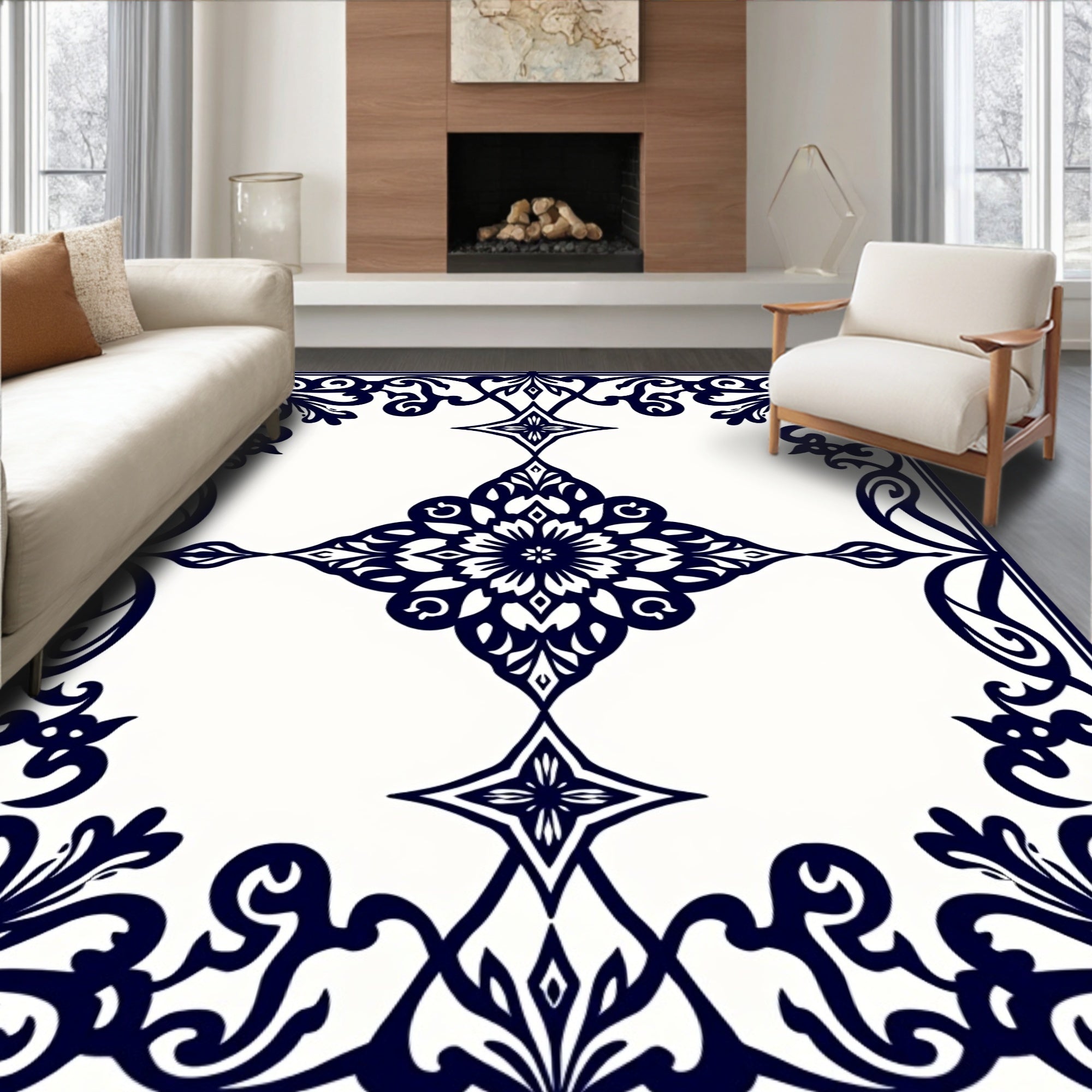 Elegant Dark Blue Floral Symmetry Rug