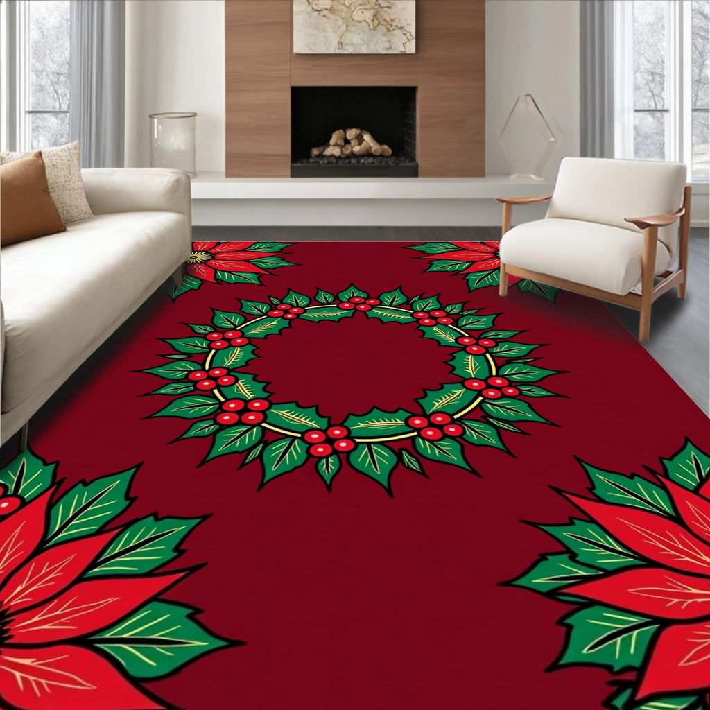 Red Poinsettia Holly Wreath Medallion Rug