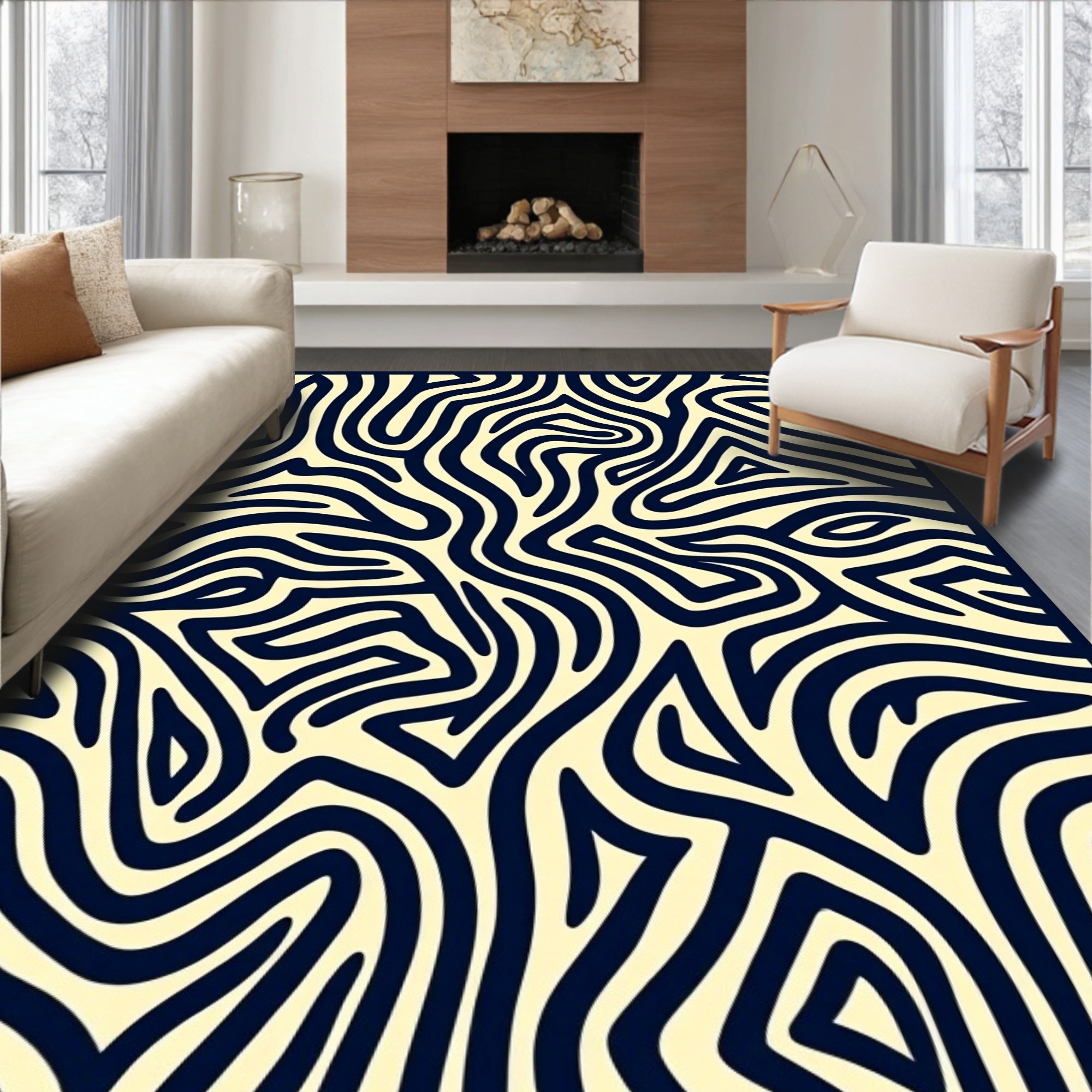 Abstract Wavy Dark Blue Pattern Rug