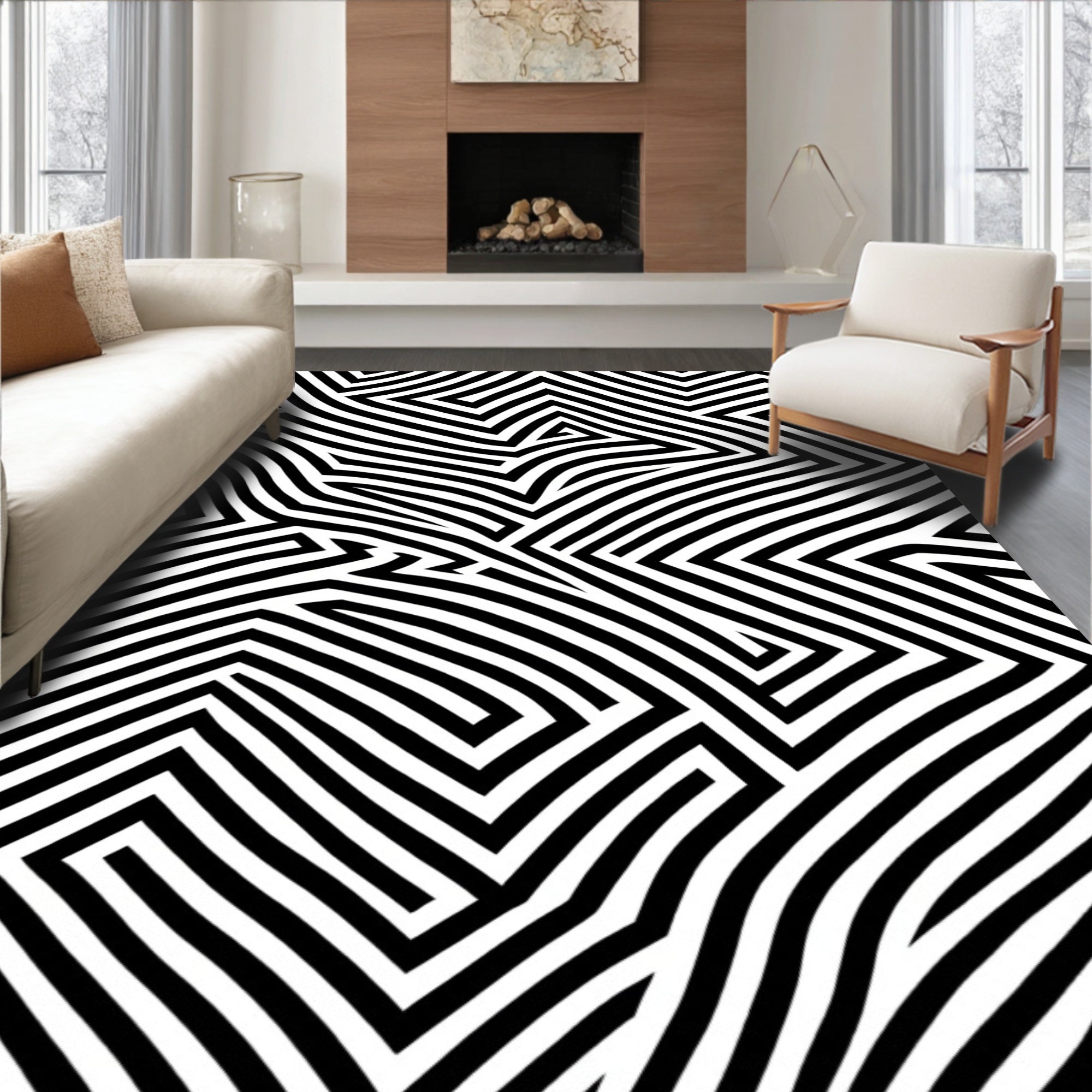 Bold Black White Interlocking Pattern Rug