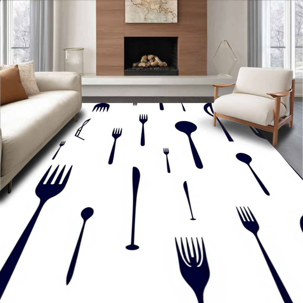 Cutlery Collection Dark Blue Icons Rug