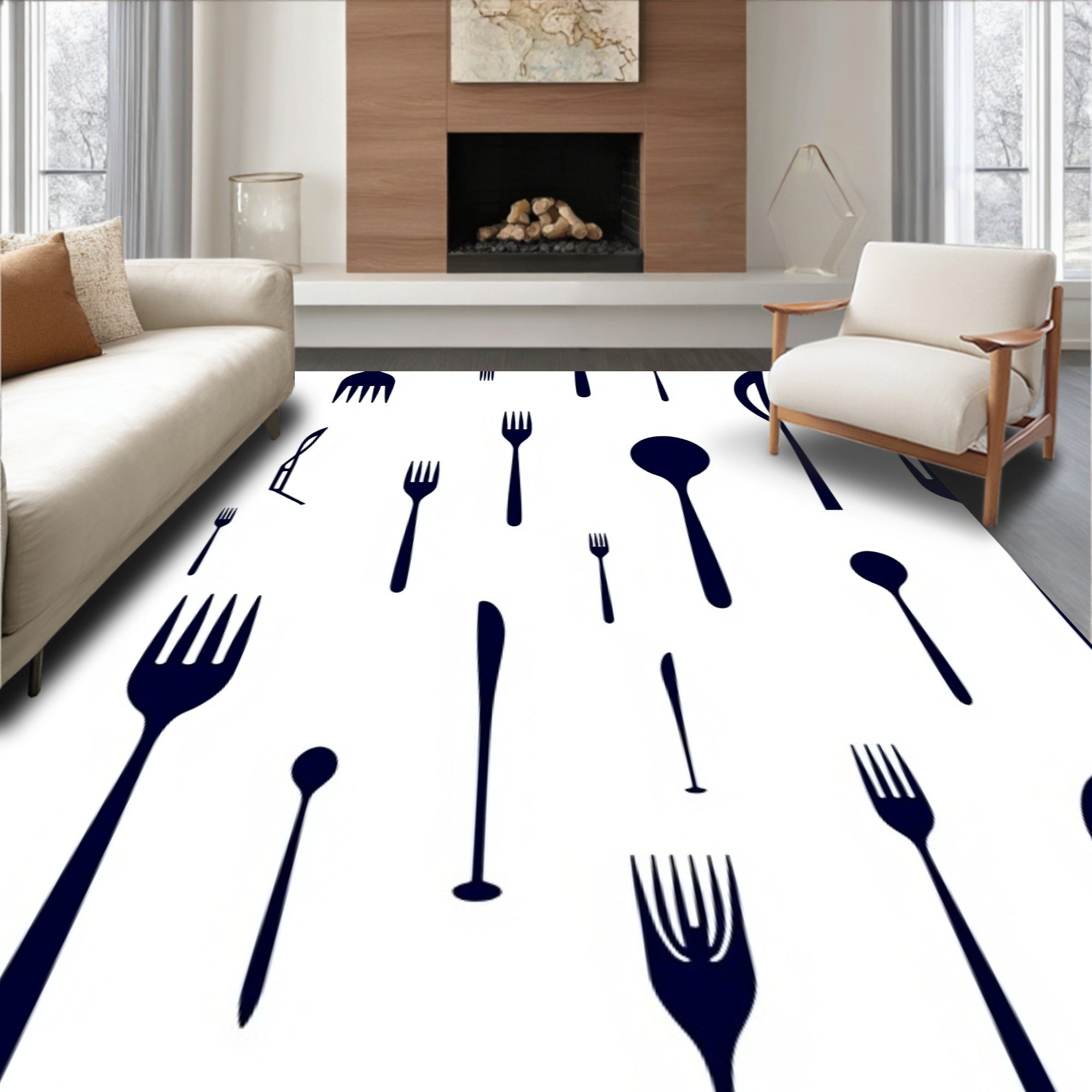 Cutlery Collection Dark Blue Icons Rug