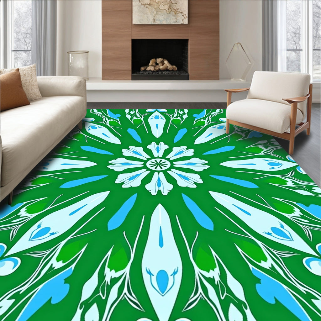 Green Blue Floral Mandala Pattern Rug
