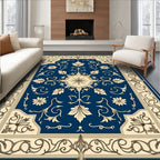 Classic Floral Bordered Cream Blue Rug